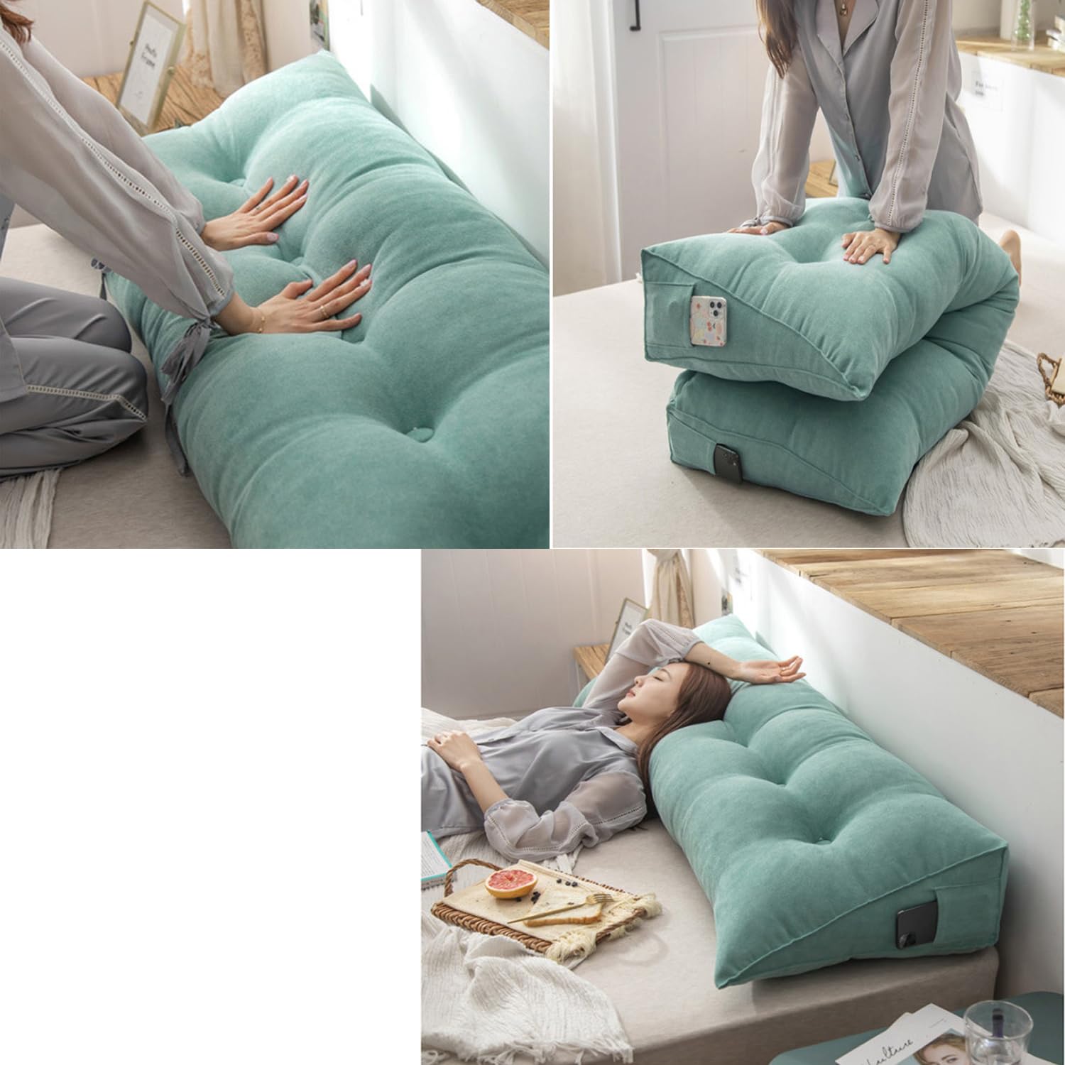 Cuscino a cuneo per testiera letto, comodo e lungo, per lettura, divano letto, finestra a baia, rettangolare, lavabile (200 x 50 x 20 cm, grigio chiaro)