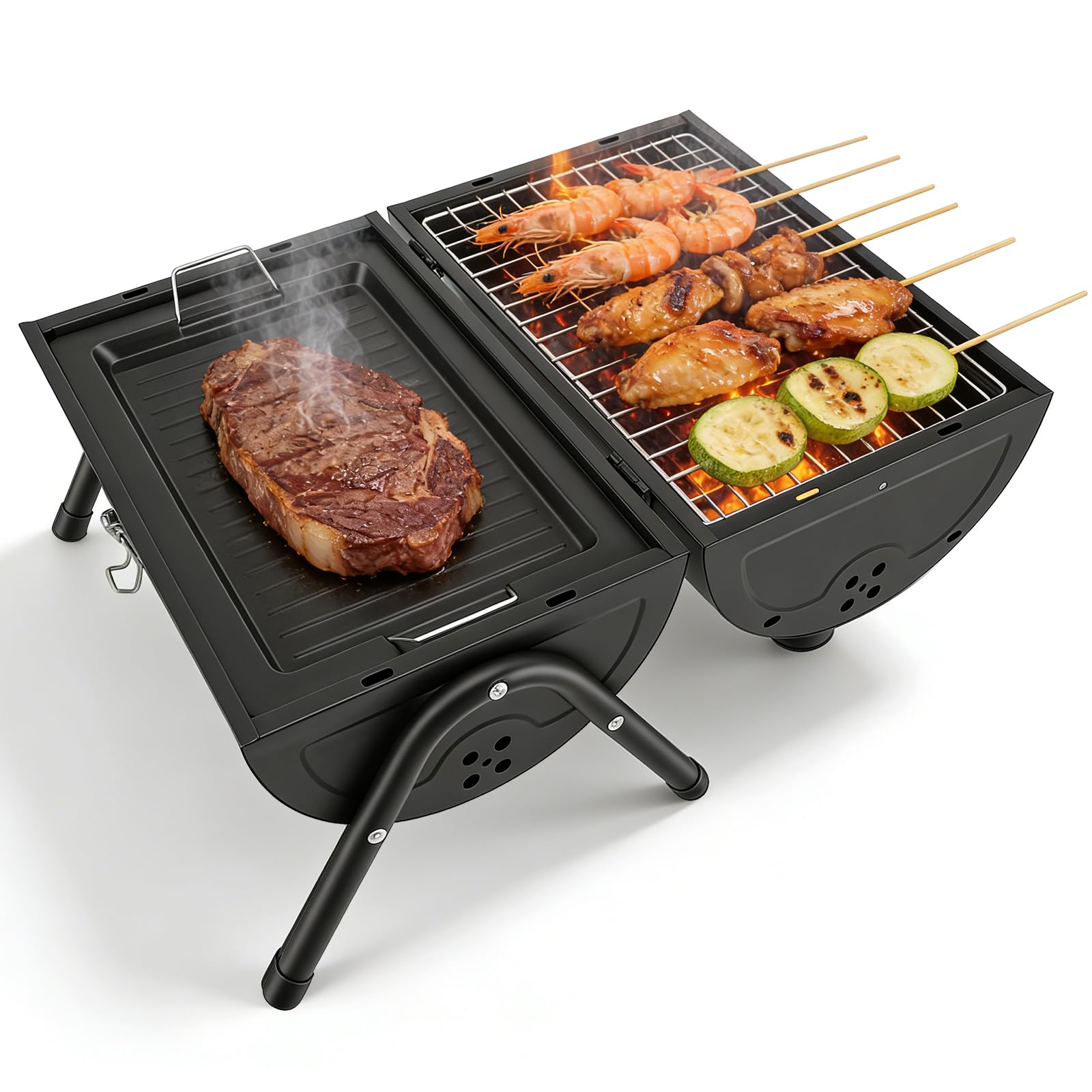 Parrilla portátil para camping, parrilla tipo barril para exteriores, ideal para la playa, caravanas, jardín y fiestas. Color negro, incluye 1 bandeja y 2 rejillas