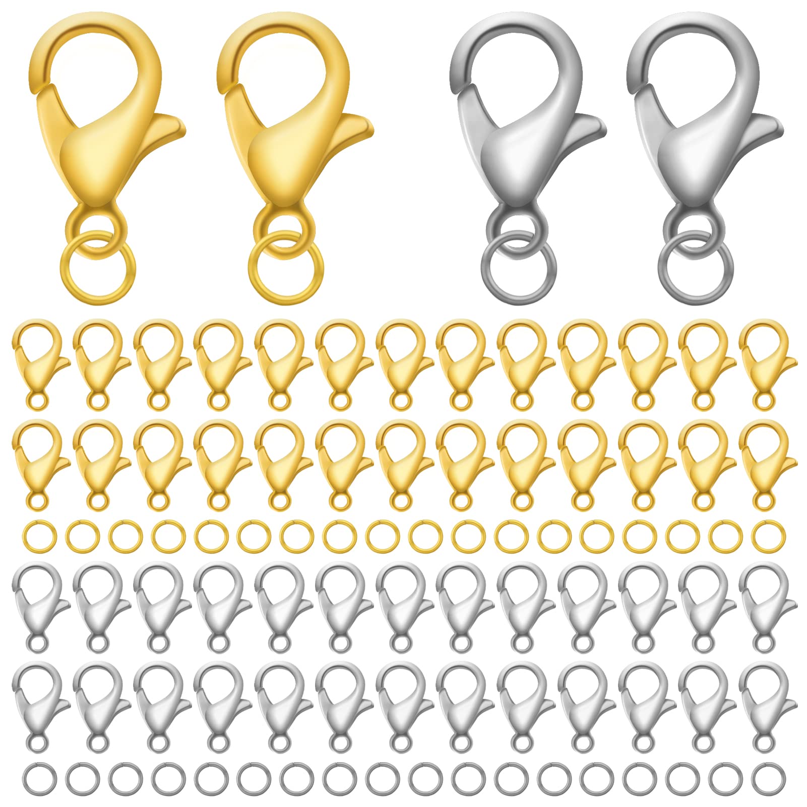 12 Fermoirs Pour Bijoux + 30 Anneaux Saut - Acier Inox Argent - Pour Bracelets, Colliers DIY - Lot Créatif