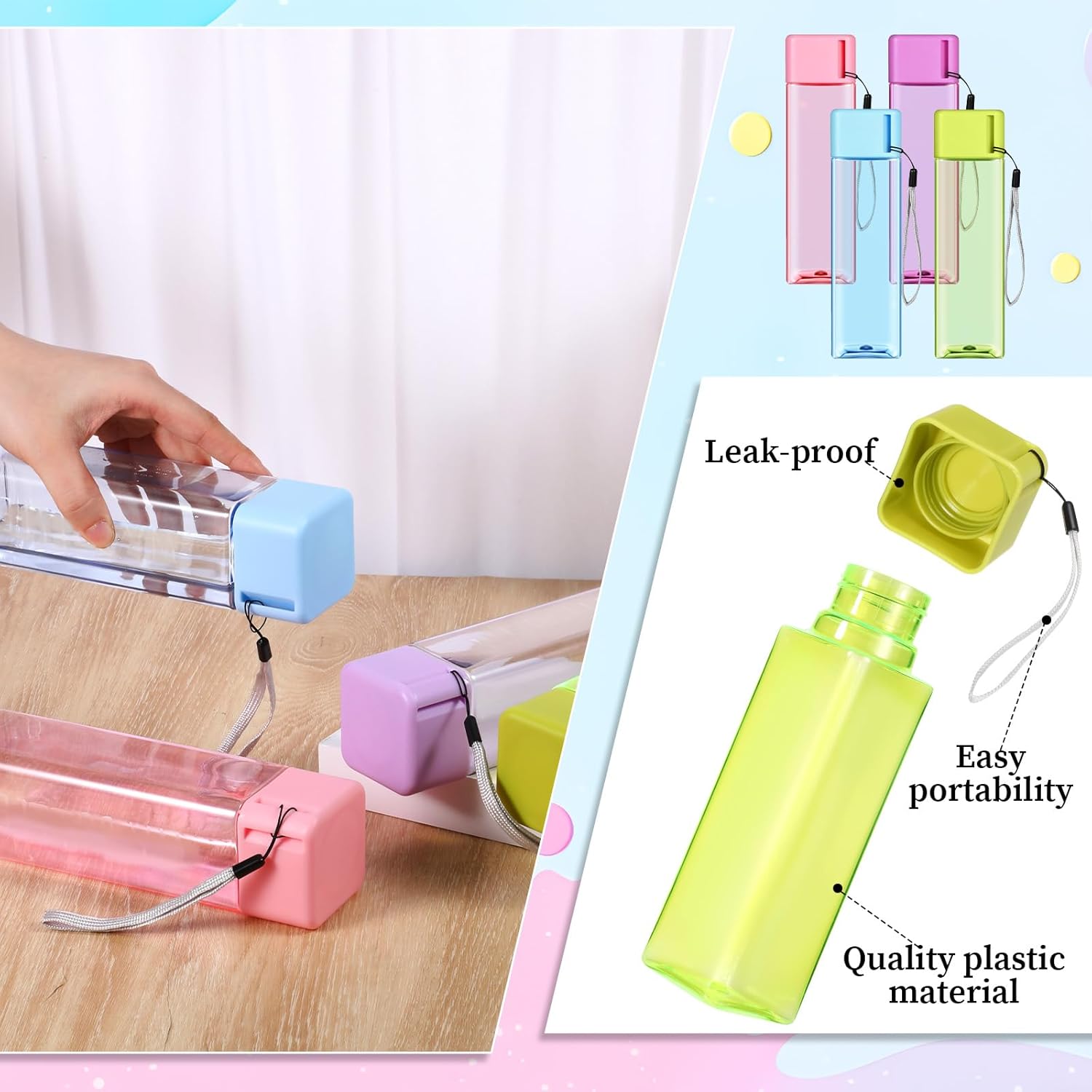 24 Pieces 17 oz Water Bottle Bulk Reusable Sports Drink Water Bottles Leak Portable Plastic Adults Drinking Cups for Outdoor Fitness (Colorful,Rectangle)