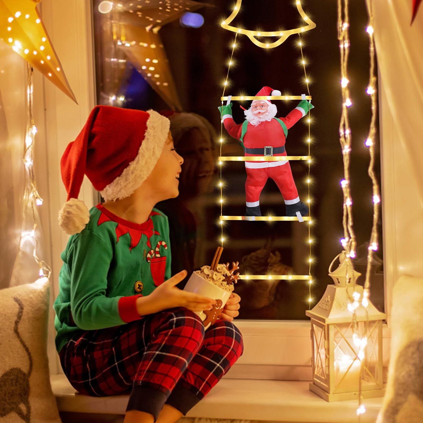 SelfTek Luci Decorative Natalizie a Scala con Babbo Natale Rampicante, Decorazioni Natalizie a LED con 8 Modalità di Luce per Interno, Esterno, Giardino (160cm/5.25ft, Bianco Caldo)