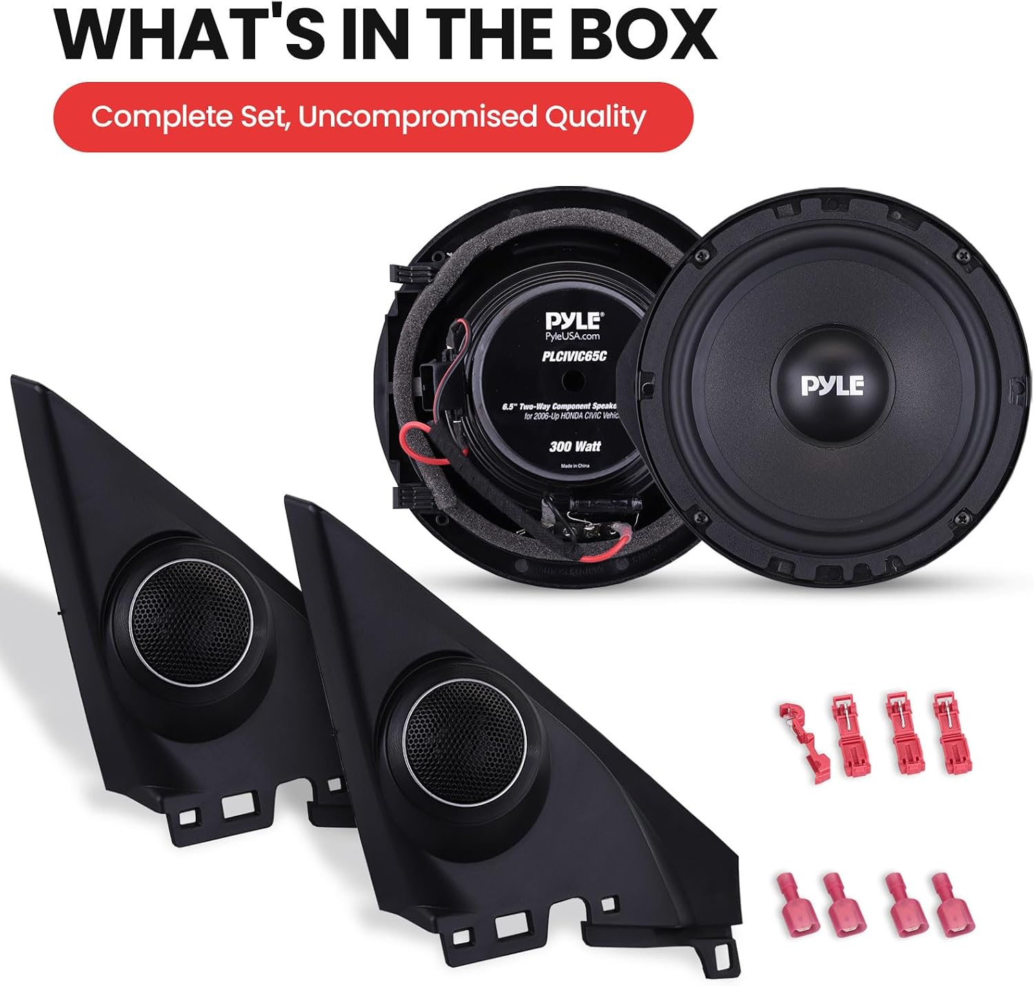 Pyle 6.5” Two Way Coaxial Speaker System for 2006 and Up Vehicles, 300 Watts, 4 Ohm, Butyl Rubber Surround, 1'' High-Temperature KSV Voice Coil, Black Sandblasting Paper Cone