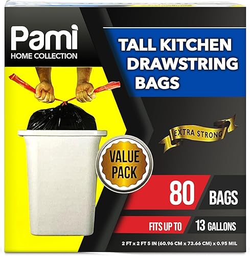 Miniatura 1 de PAMI Bolsas de basura altas con cordón para cocina de 13 galones paquete de 30 unidades, blancas  Bolsas de basura de plástico extrafuertes  Forros