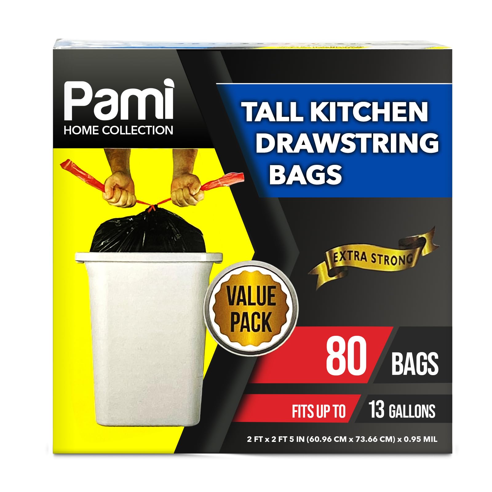 PAMI 13-Gallon Tall Kitchen Drawstring Trash Bags, Black, Unscented, 80-Pack