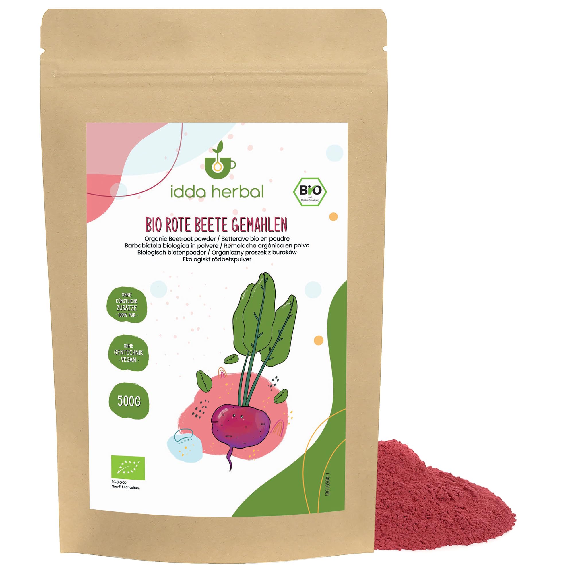 IDDA Herbal Rote Beete Pulver BIO 500g, Rote Bete Pulver zum Färben, Getränke, Backen und Kochen