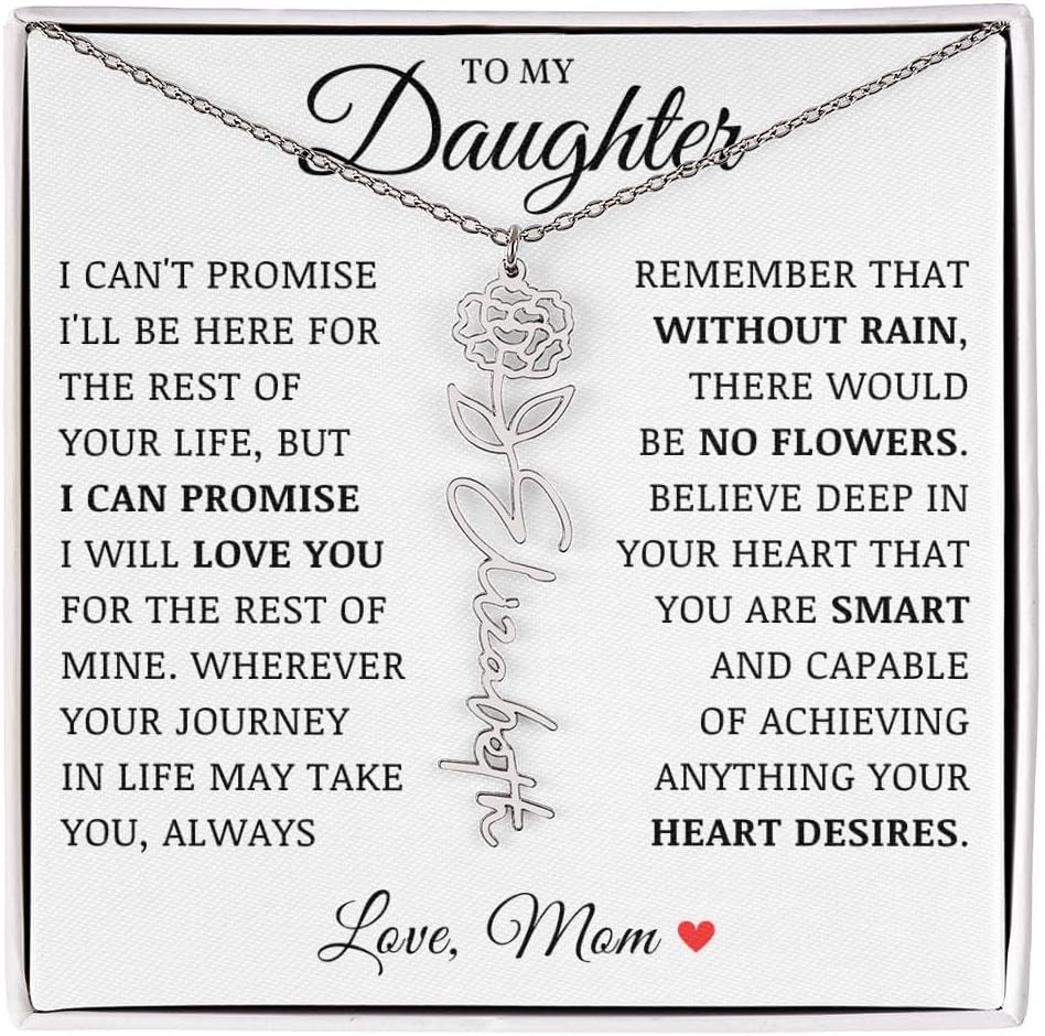 No Rain No Flowers Necklace, Personalized Custom Name Birth Flower Necklace for Women, Customized Floral Pendant Jewelry Gifts from Mom, Daughter Birthday Christmas Gift for Her