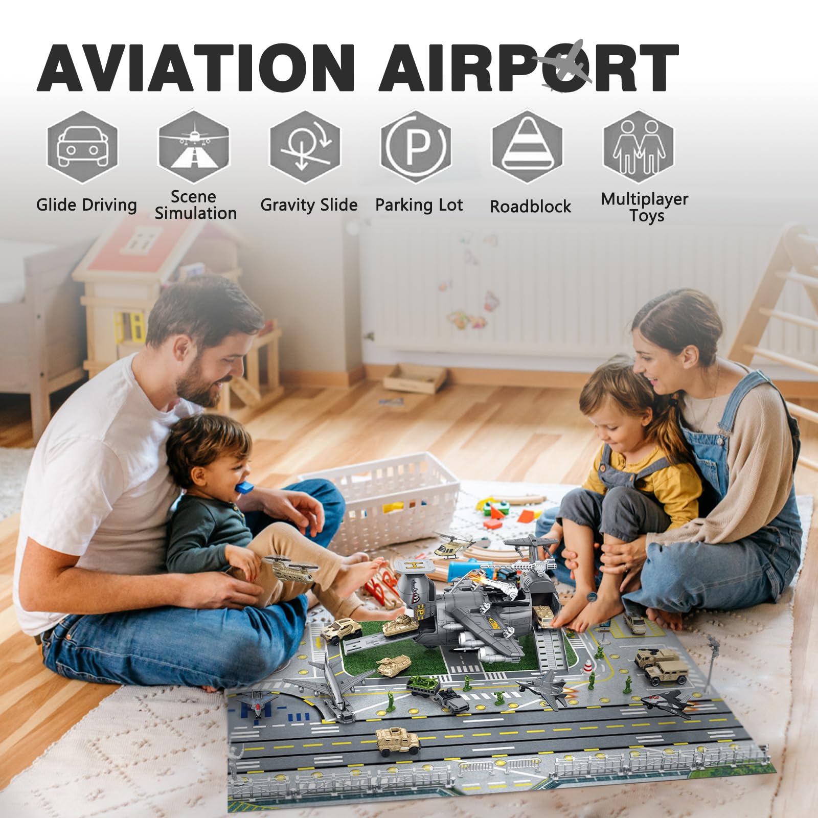 Set di Giocattoli Aereo da Trasporto Cargo Militare, Auto, mini veicolo da combattimento, soldato, elicottero, modello di aereo, Kit giocattolo per veicoli militari, mappa di gioco per bambini età 3+