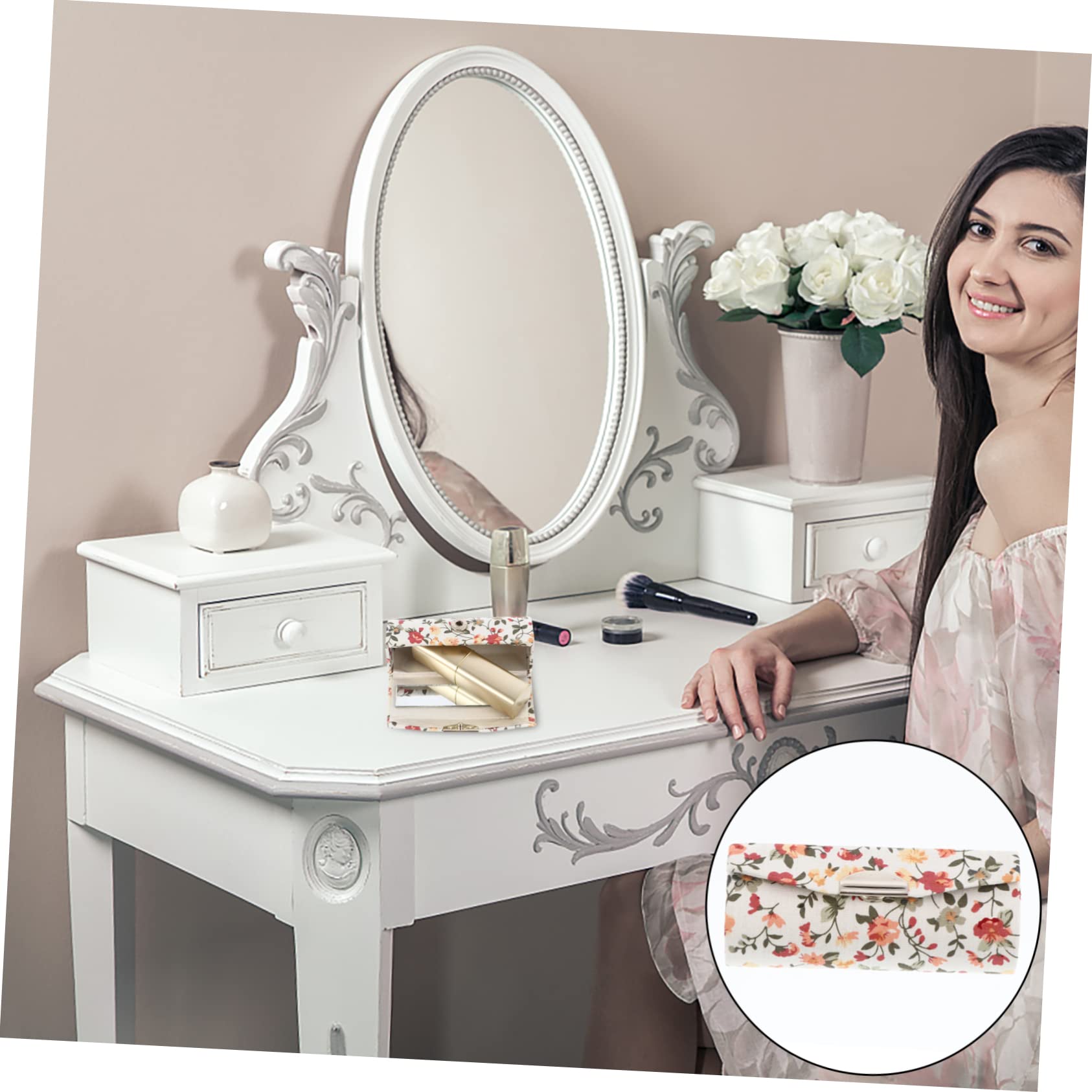 FRCOLOR Lipstick Case with Mirror for Handbag Elegant Brocade Cloth Compact Organizer Portable Makeup Storage Box for Women - Image 2