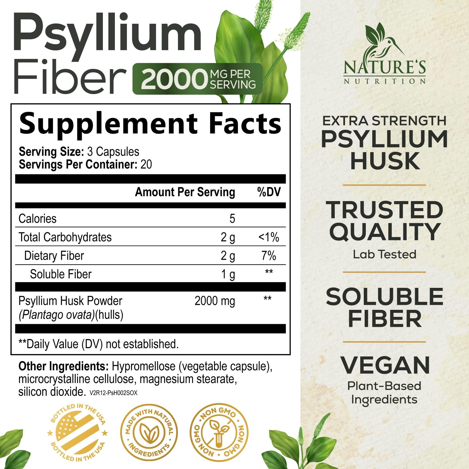 Psyllium Husk Powder 2000mg Supplement - Extra Strength Psyllium Fiber Powder - Natural Soluble Fiber Pills, Supports Digestion, Colon Health & Regularity, Gluten Free, Bottled in USA - 60 Capsules — Amazon image 2