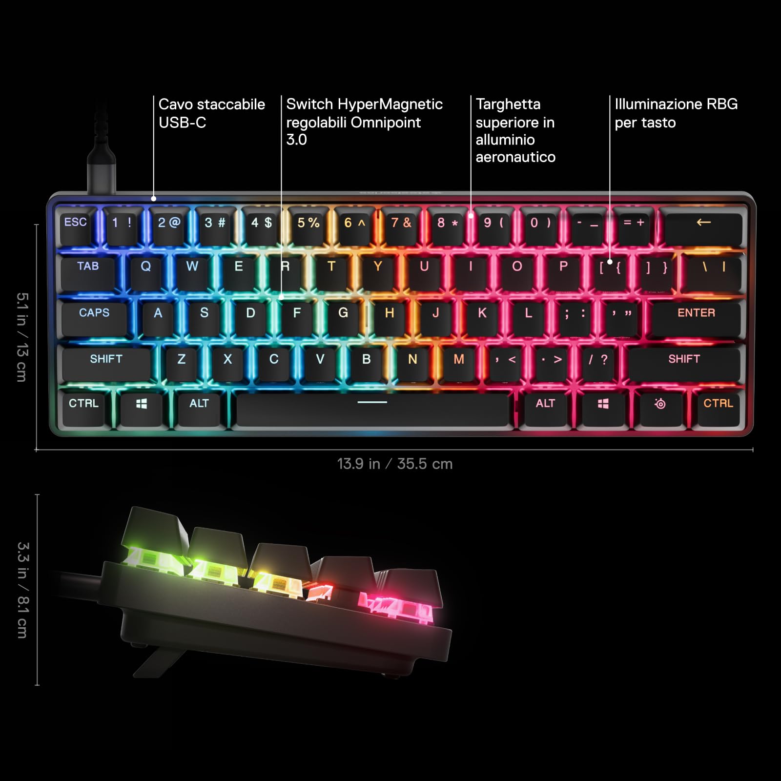 SteelSeries Apex Pro Mini Gen 3 con Switch HyperMagnetic OmniPoint 3.0 - Attuazione regolabile - Rapid Trigger - Preset di gioco - Protection Mode - Rapid Tap/SOCD - RGB -Copritasti in PBT - US QWERTY