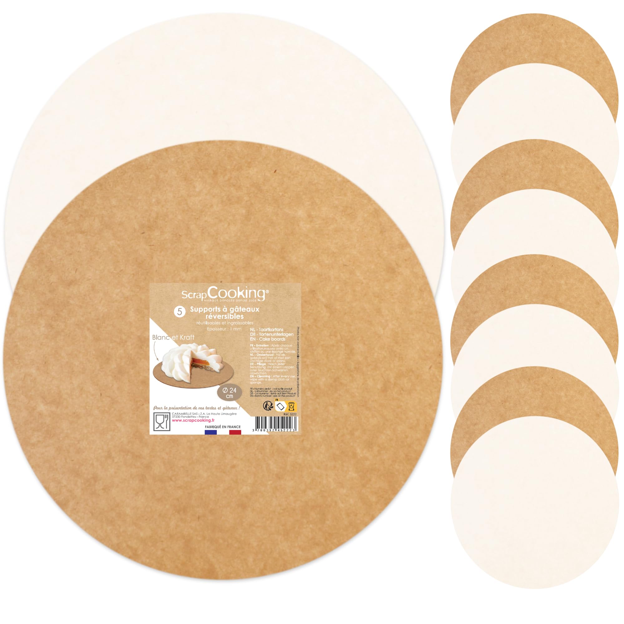 SCRAP COOKING 5 okrągłych stojaków na torty Ø 24 cm - Dwustronny karton Kraft & Biały - Wkładki do ciast - Tarcza do ciast - Wyprodukowano we Francji - 5222