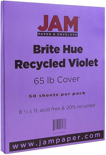 Miniatura 2 de JAM PAPER Cartulina coloreada de 65 libras, cobertura de 8.5 x 11 pulgadas, 6.21 ozm, reciclada, color violeta, 50 hojaspaquete