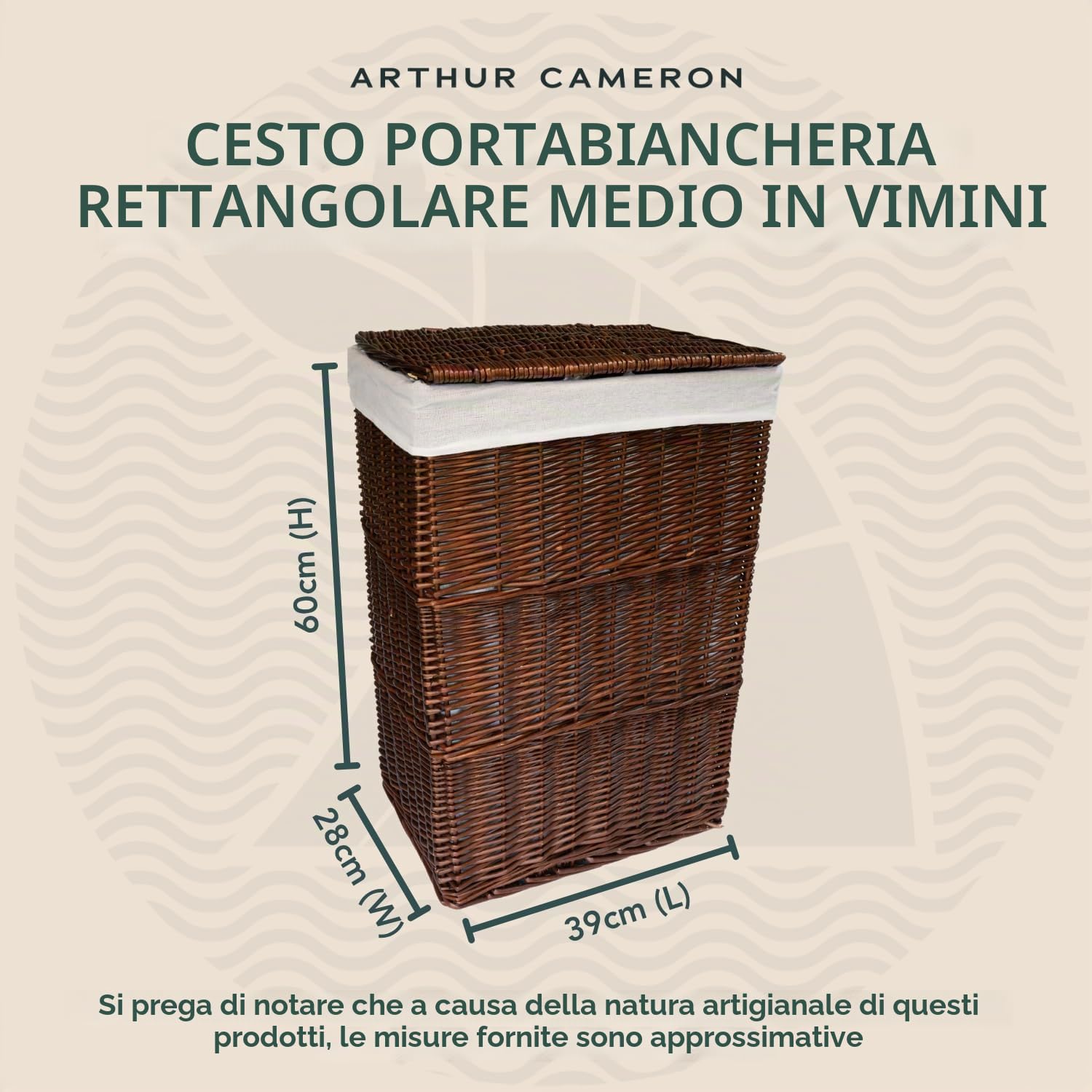 Cesto portabiancheria grande in vimini (39 x 28 x 60 cm, marrone distillato)