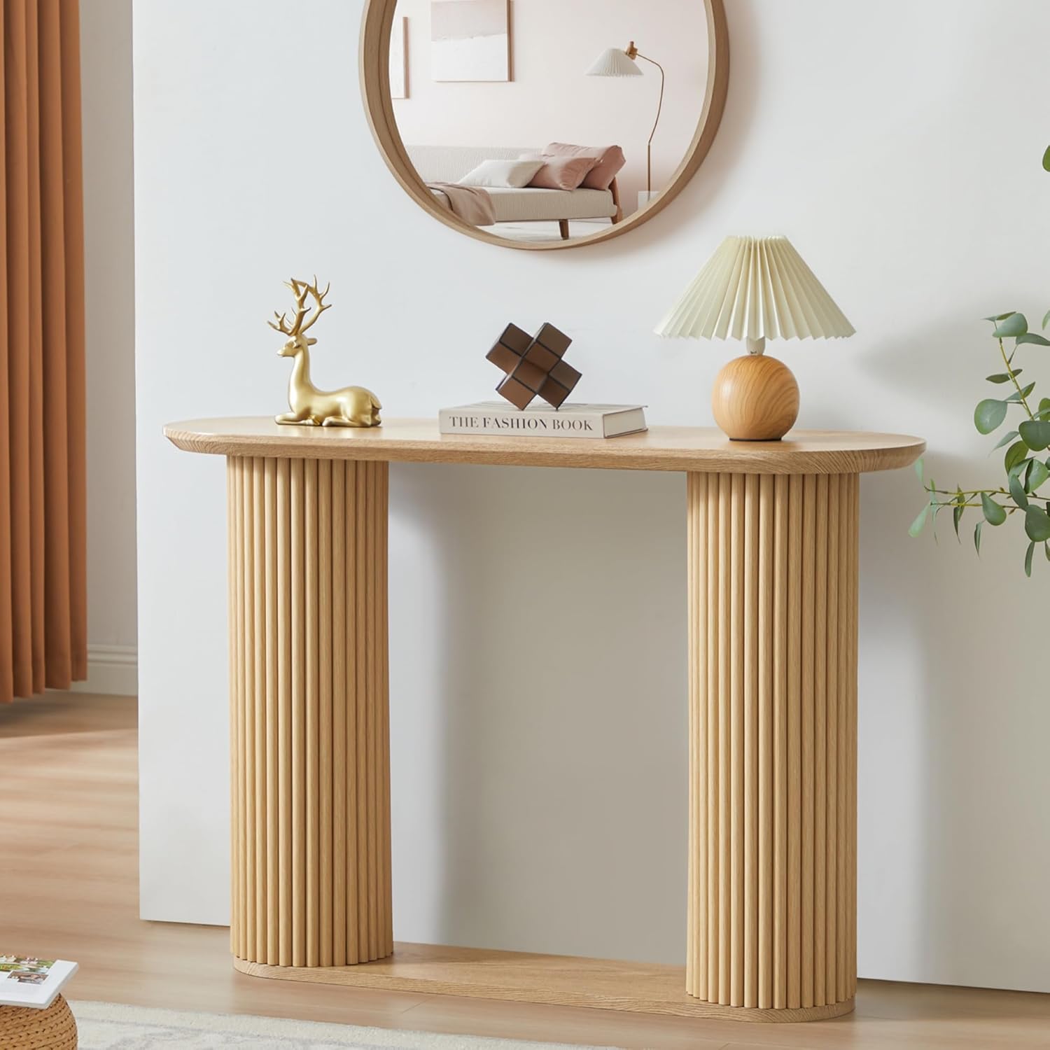 Natural farmhouse fluted console table in an entryway