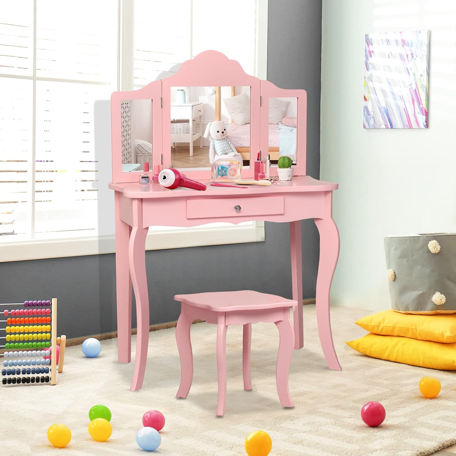 MAT EXPERT Kids 2 in 1 Princess Vanity With Tri-Folding Mirror, Stool & Drawer, Detachable Top, Wooden Makeup Toddler Dressing Table, Pretend Play Set for Little Girls