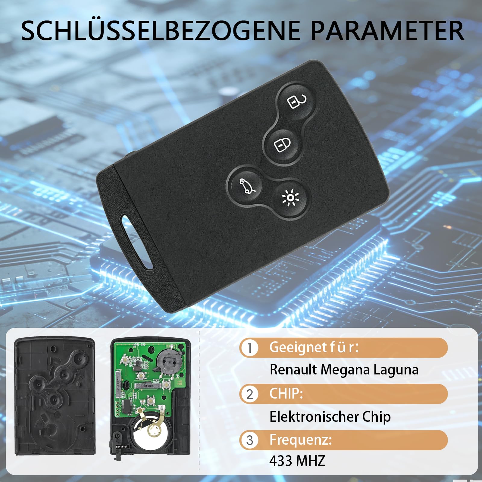 Autoschlüssel Fernbedienung kompatibel mit Renault Megane 3 Laguna 3 Scenic, 4 Tasten, 433 MHz, ID46 PCF7952 Chip, 2007-2016