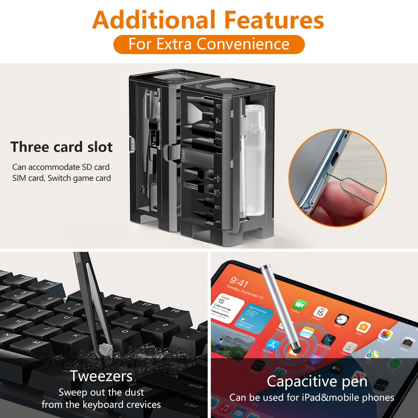 Kit per la pulizia del telefono con pulitore per porta di ricarica, pennino, schermo e spazzola per altoparlanti, per iPhone, Samsung, AirPods, MacBook, laptop, PC, tastiera, iPad (nero, con stucco e