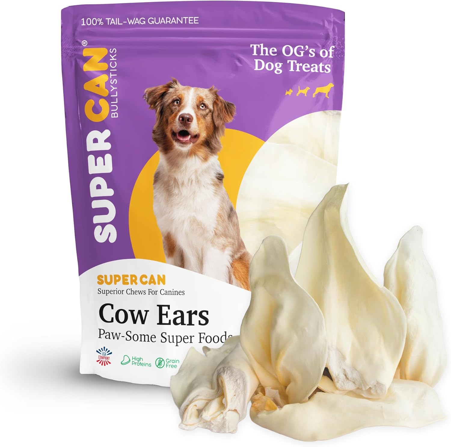 Supercan Bully Sticks Natural Whole Cow Ears for Dogs [50-Pack] All Natural Angus Beef Ear - Dog Chews for Large Dogs Easily Digestible Dog Snacks - High Protein Dog Dental Chews -USA Made