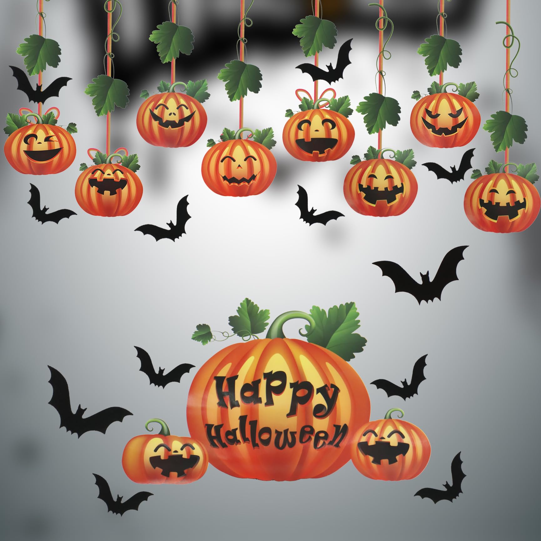 Qaziuy Orange Pumpkin Window Stickers, Halloween Window Clings Stickers, Bat Pumpkin Decals For Halloween Party Supplies Decor