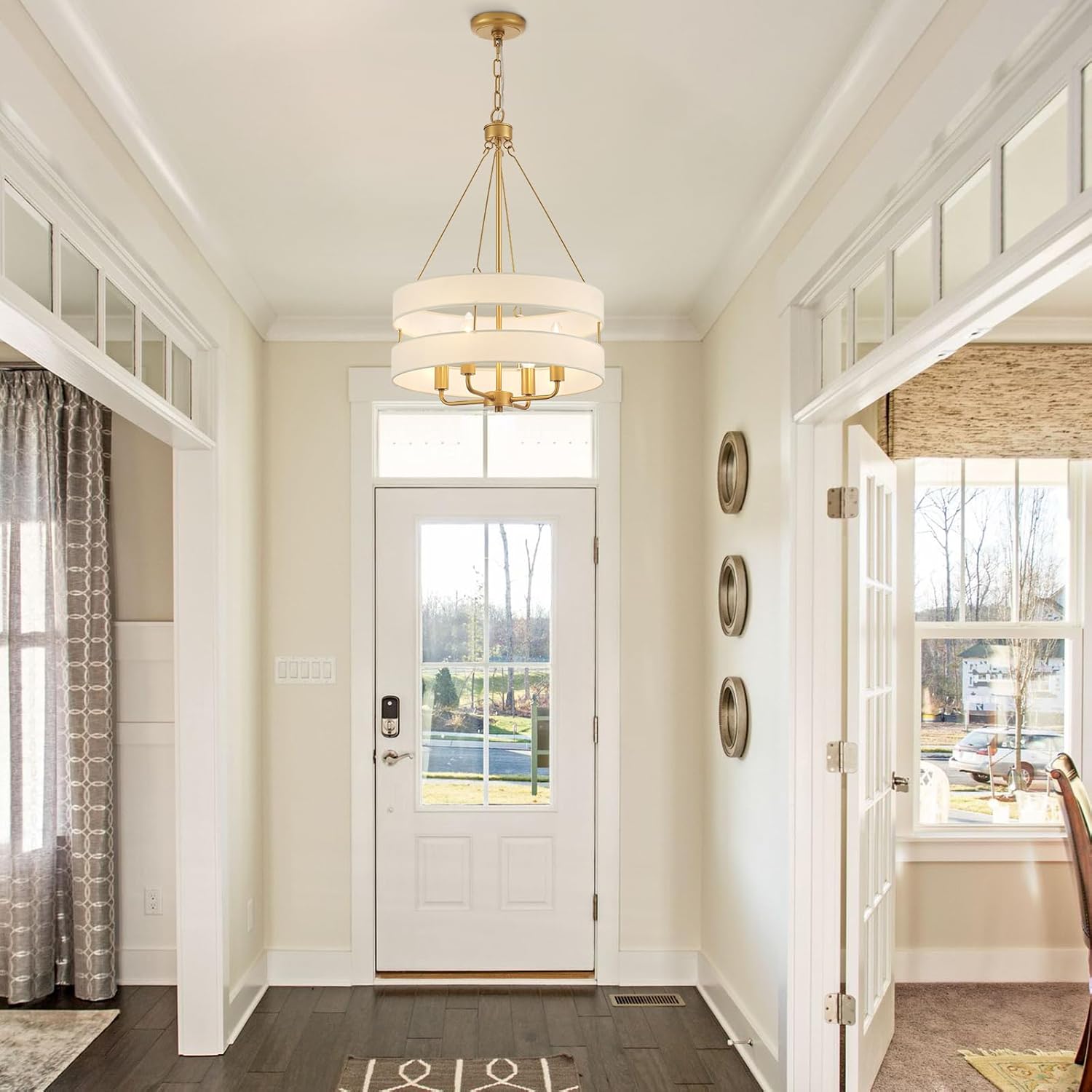 4-Light Rustic Drum Chandelier for Foyer, Gold Pendant Light Fixture with Fabric Shade, Modern Farmhouse Chandelier for Dining Room Entryway Bedroom