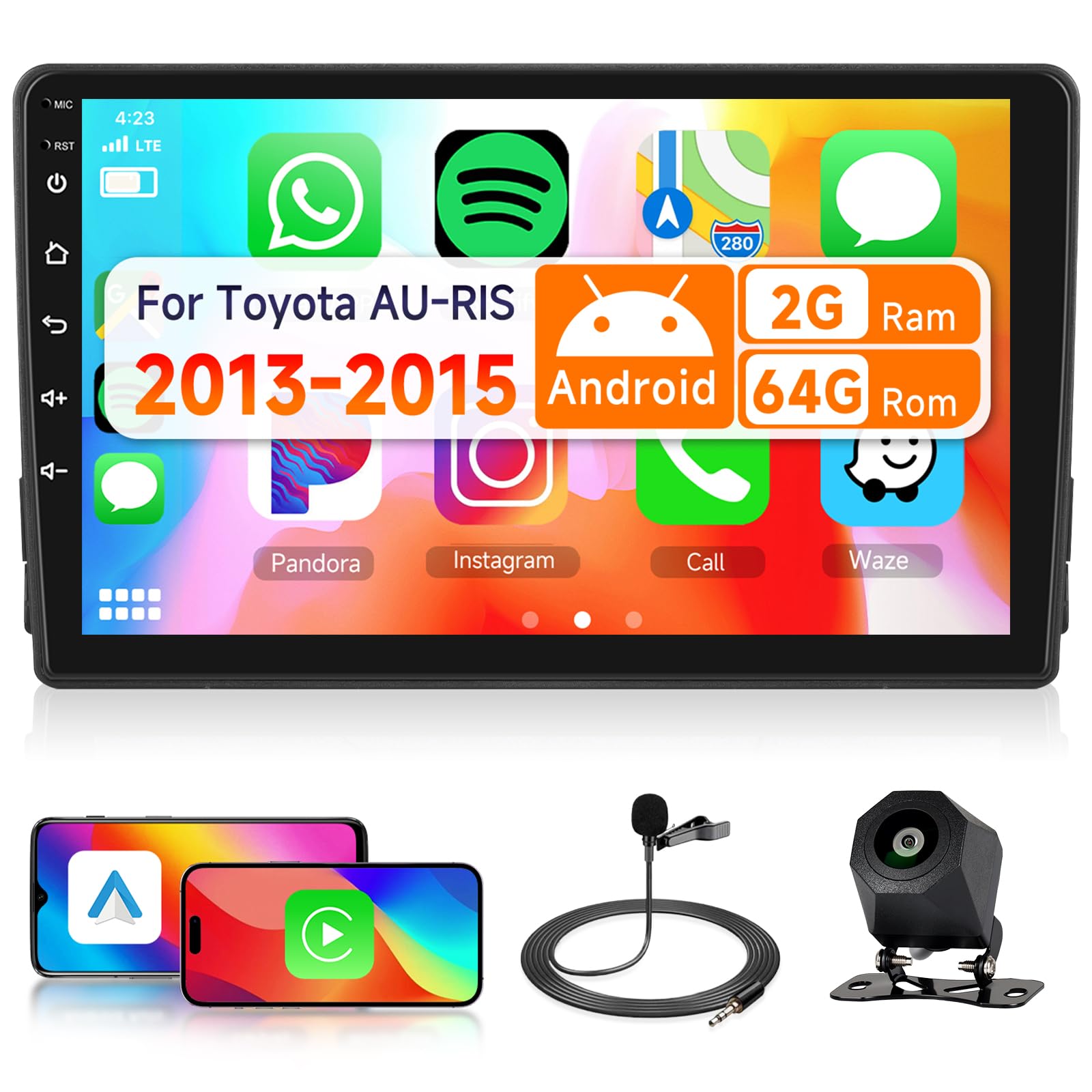 2G&64G VECHTEL 9" Bluetooth-Autoradio für Toyota AU-RIS 2013-2015 Carplay Android Auto Wireless, EQ, WiFi GPS Navi, Airplay,Android Cast,RDS/FM Radio 2 Din mit AHD Rückfahrkamera