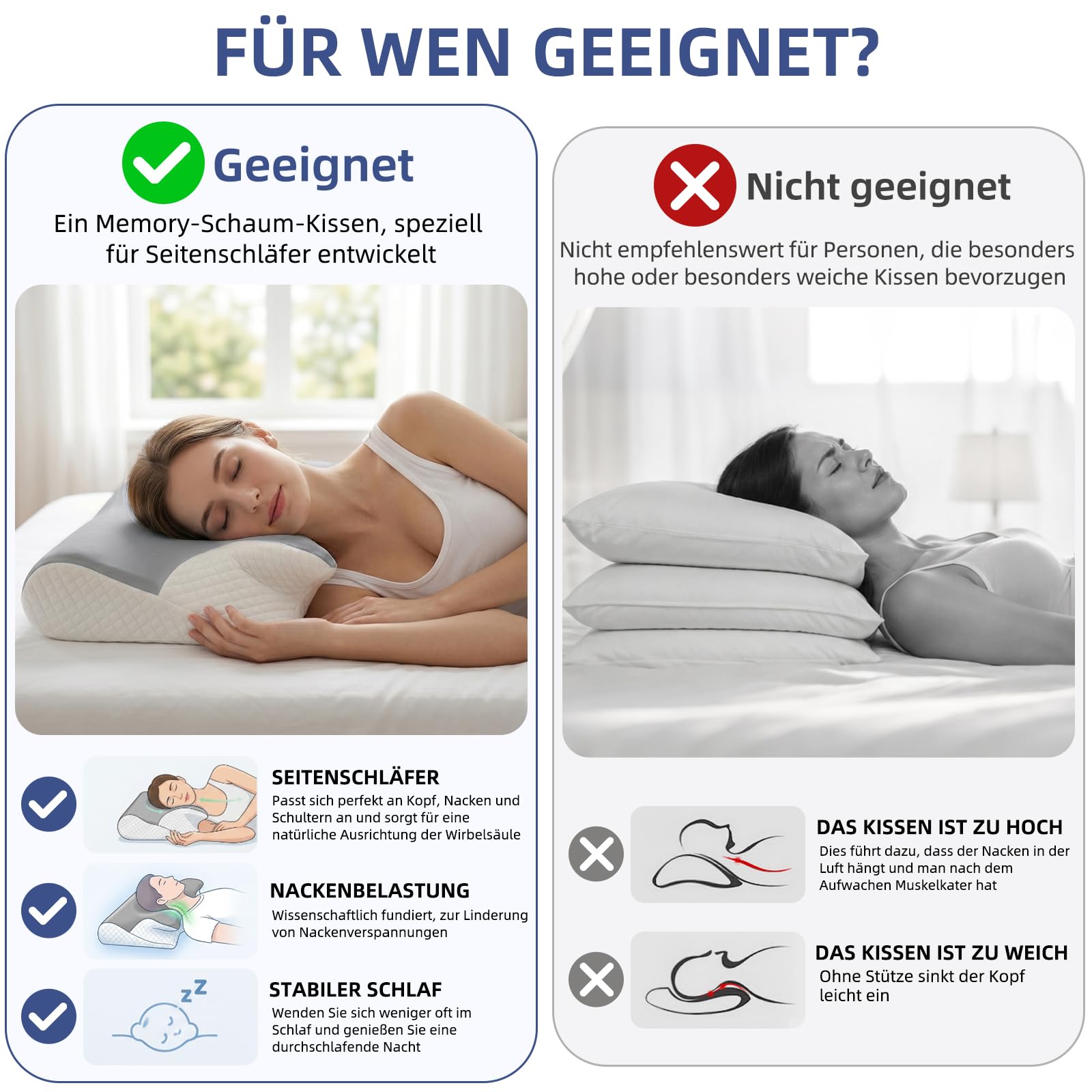 Ergonomisches Nackenstützkissen, 2 in 1 Kopfkissen aus Memory-Schaum