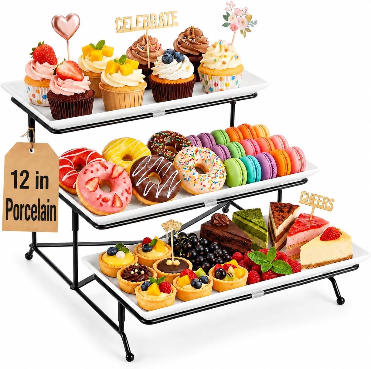 3 Tier Serving Tray, 12 Inch Dessert Display Stand, Black Stand
