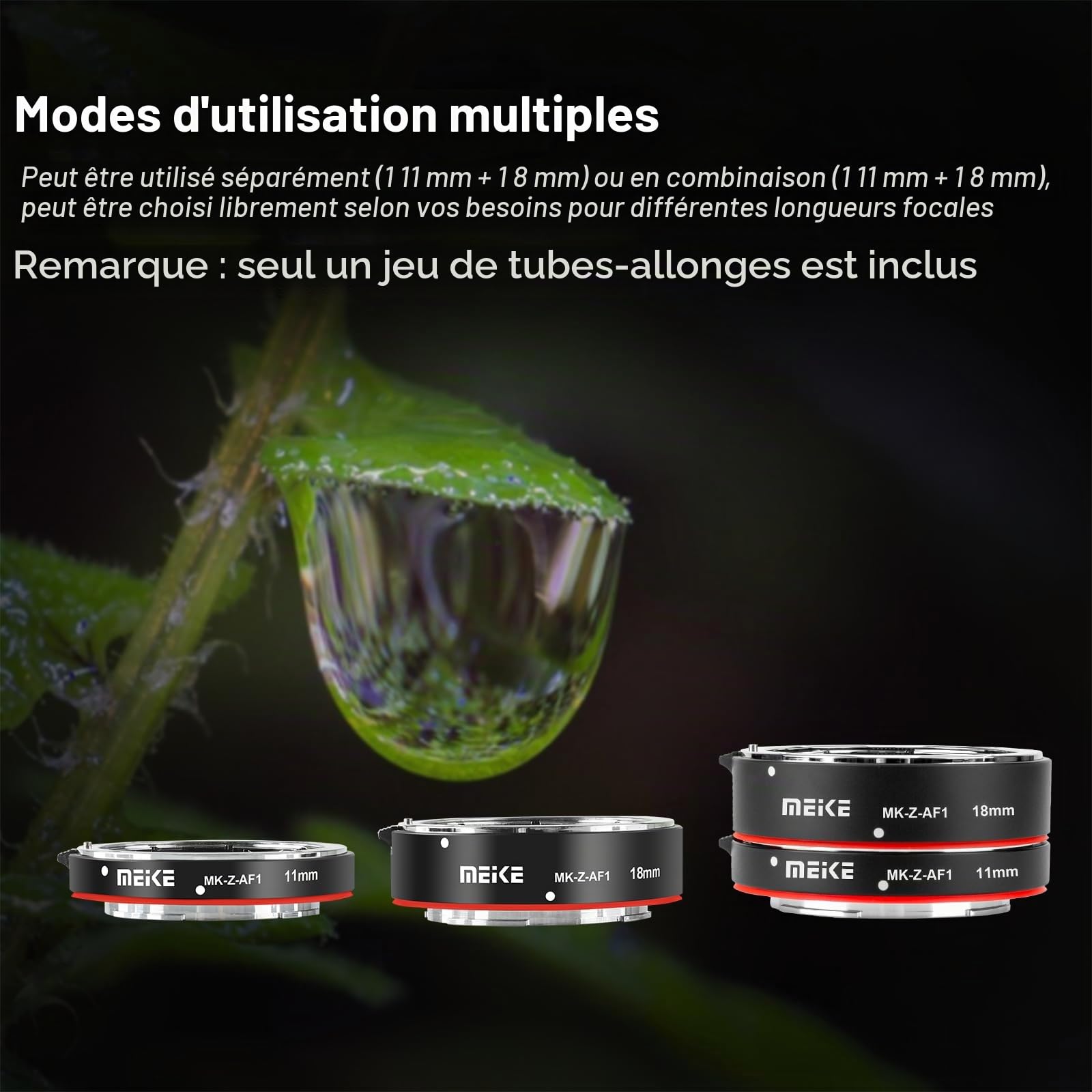 Meike MK-Z-AF1 Ensemble de Tubes d'extension Macro à Mise au Point Automatique en métal (11 mm + 18 mm) Compatible avec Nikon Z5 Z6 Z6II Z7 Z7II Z50