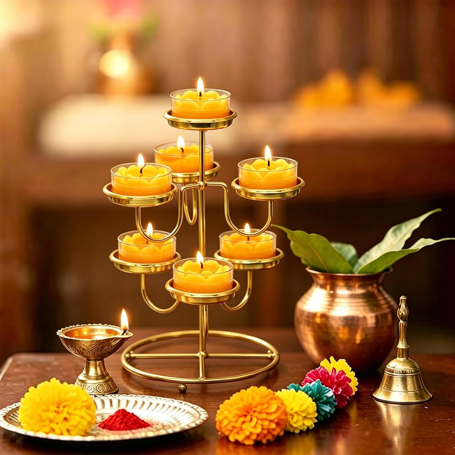 7 Cups Golden Diwali Diya Candle Holder Metal Tea Light Deepavali Decor image 2