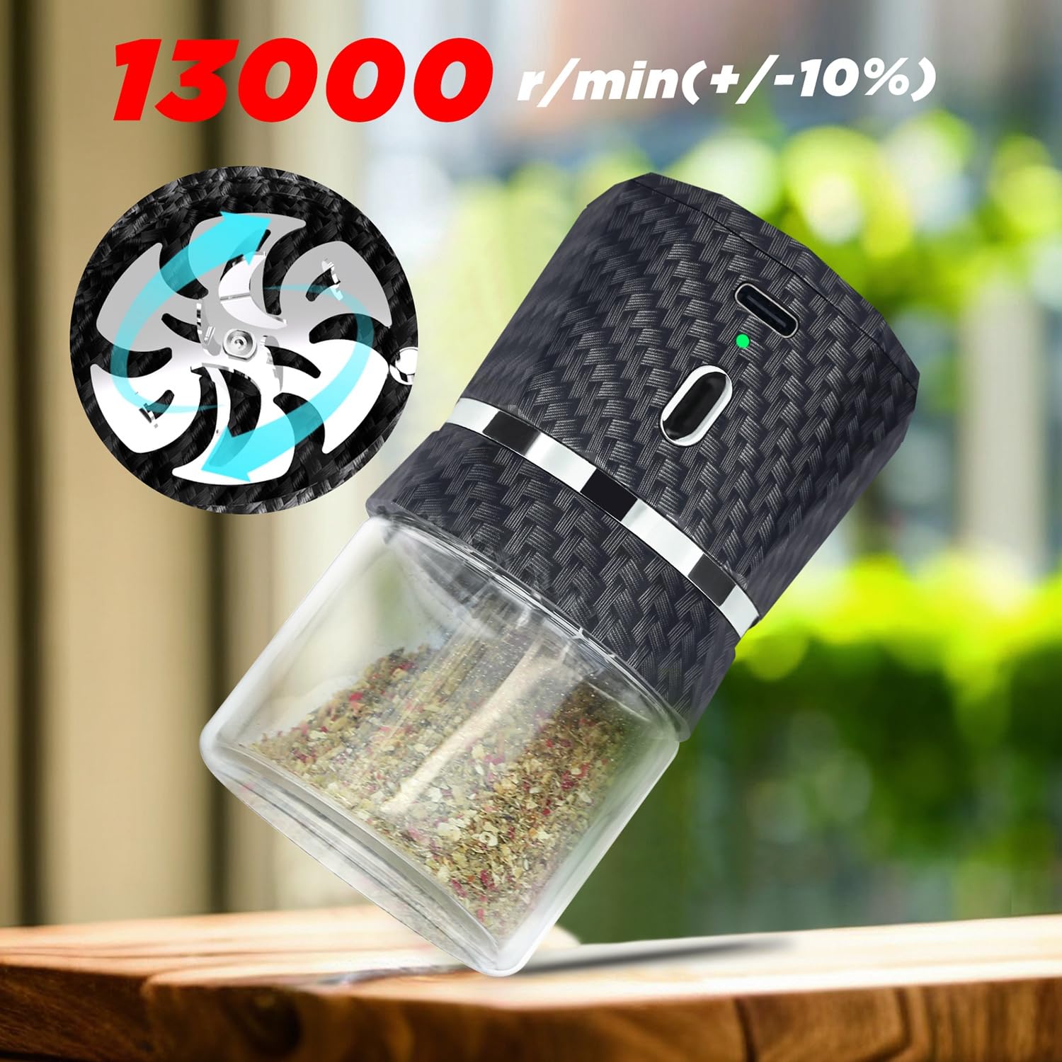 MOFOGDR Electric Grinder Automatic Mini Size Spice Crusher Herbal Grinder with 2PCS Glass Jar of 1.7oz/50ml Rechargeable Herb Grinder (not for grinding nut & coffee bean), Carbon Fiber Pattern