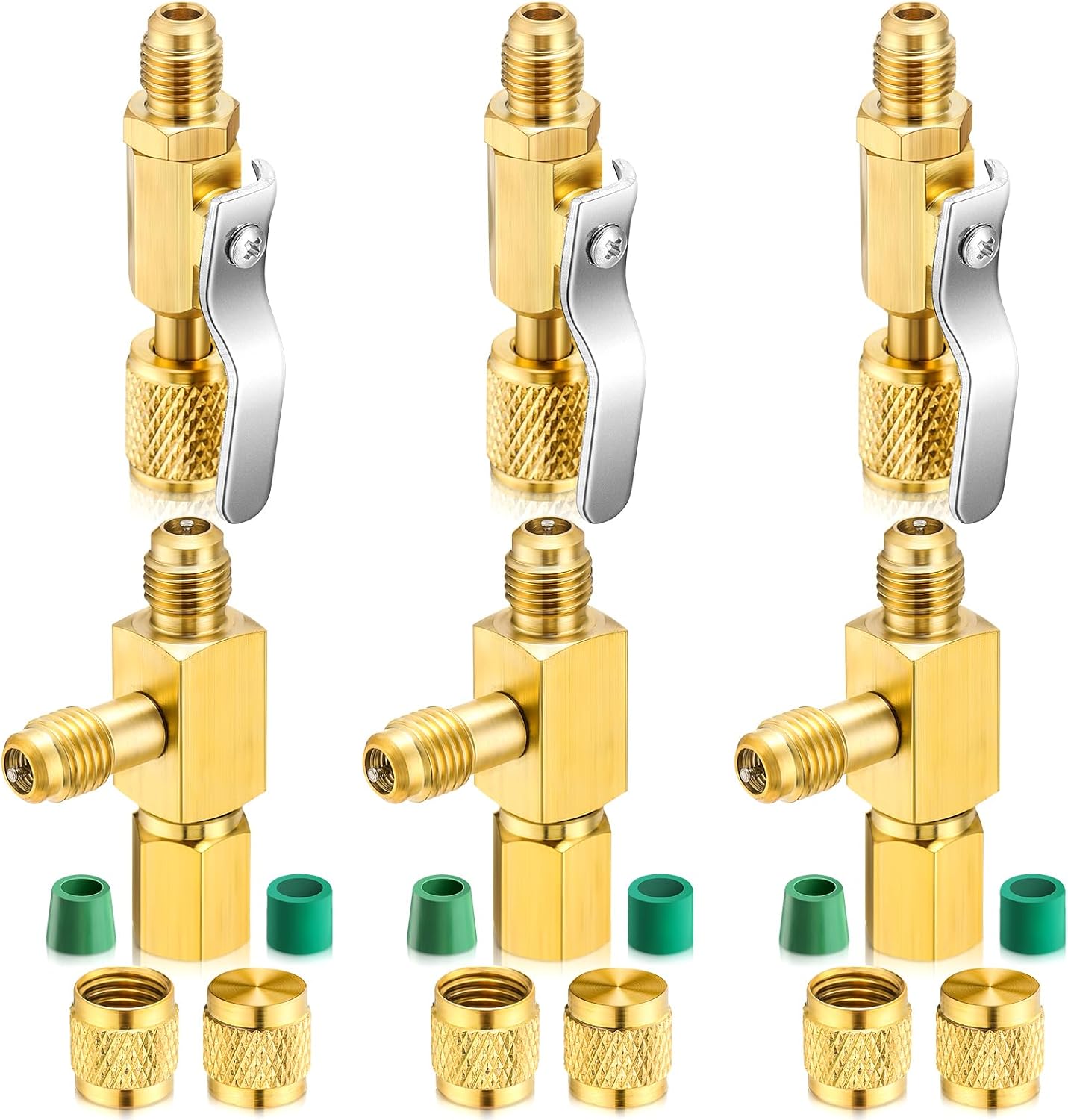 Yaocom 2 Pcs Air Conditioner Ball Valve and Quick Coupler Access Tee 1/4" SAE Adapter Kit Valves Core Tee Adapter with Swivel Connector and Straight Refrigerant Valve for R134A R22 R12 R410A
