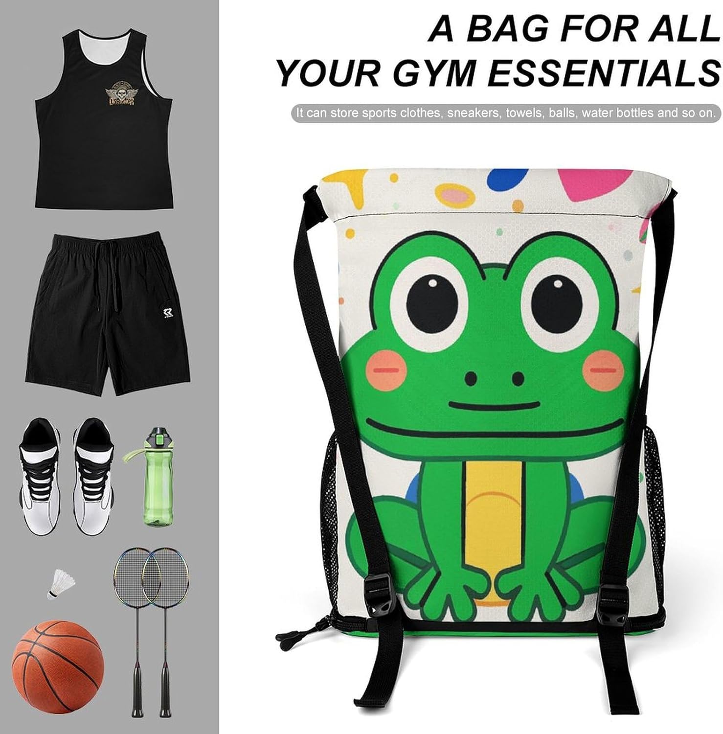 Drawstring Backpack Sports Gym Swim Bag with Shoes Compartment Cute Frog Pattern Stuff Sack