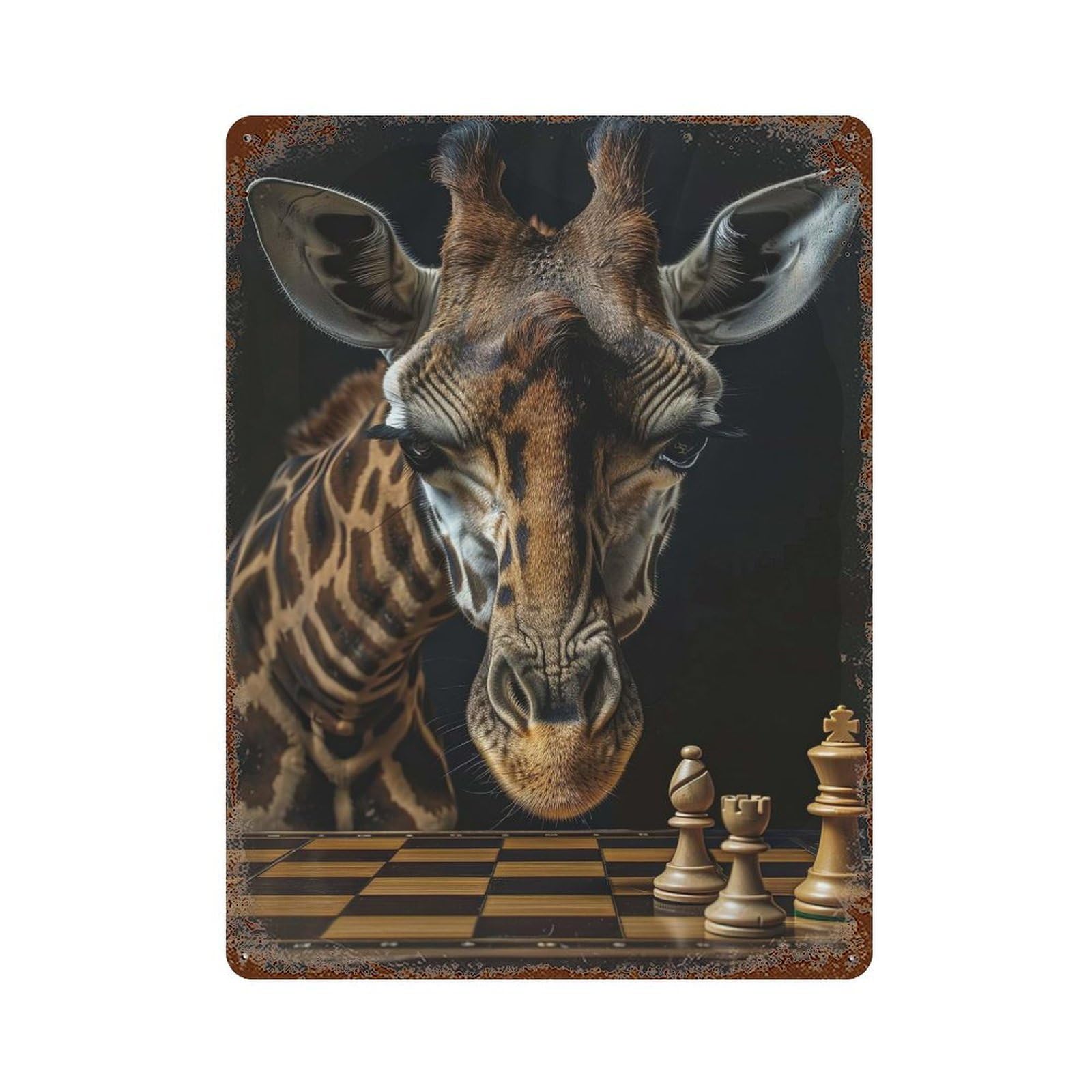Vintage Rust Metal Sign Giraffe Chess 15.7"x11.8", Novelty Wall Decor for Garage, Bar And Workshop Decor