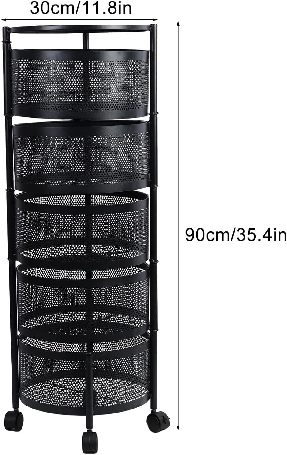 Deconation Resserre 5 Paniers Rotatifs sur Roues en Acier Noir | H 90 Cm X D 30 Cm | Etagère De Rangement Cuisine, Salle De Bain, Bureau