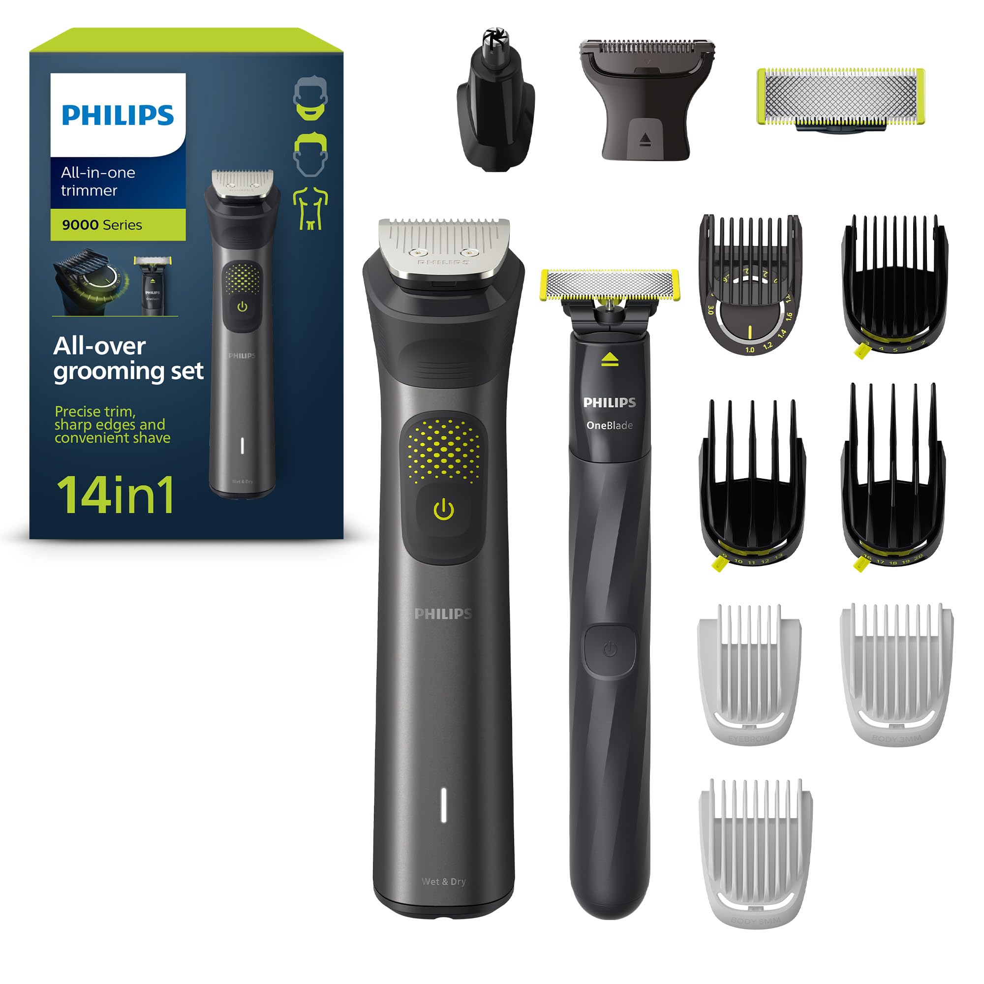 Philips Recortadora de Barba Serie 9000, Máquina Cortar Pelo, Cortapelos Hombre, Kit 14 en 1 Para Cara, Pelo, Orejas, Nariz y Cuerpo,120min de uso, En Seco y Húmedo, Recargable, OneBlade, MG9550/15