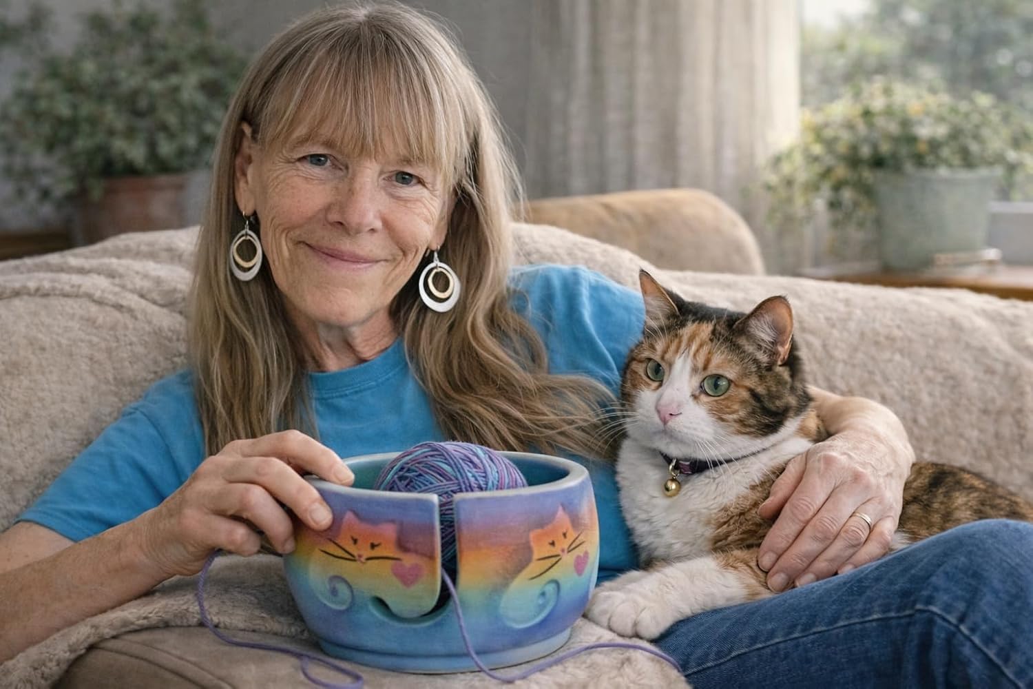 Kitty Cat Yarn Bowl by Award-Winning Artist Judith Stiles. HANDMADE in USA (Cape Cod). Pottery Knitting & Crochet, Handmade Durable Pottery. Gift for Knitters, Cat Lovers and Animal Lovers.