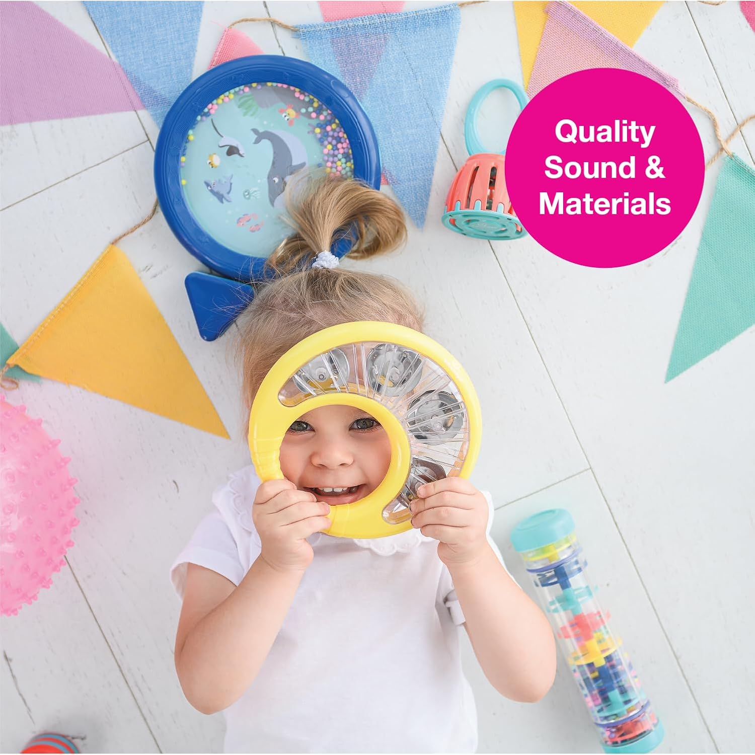 Edushape Classic Tambourine for Kids, Yellow - Percussion Musical Instrument Baby Tambourine for Toddlers 1-3, Kids Tambourine Fun Tummy Time, Fine Motor, Auditory and Visual Sensory Development