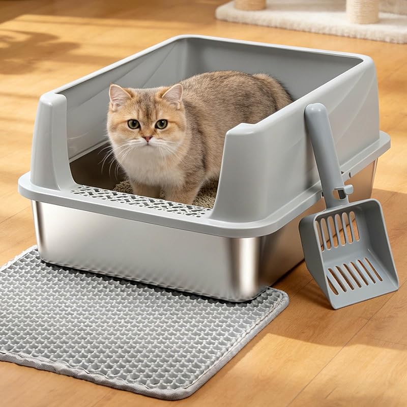 Caixa de Areia para Gatos em Aço Inoxidável com Tampa EGMEHOAD S-Média, 1 Unidade