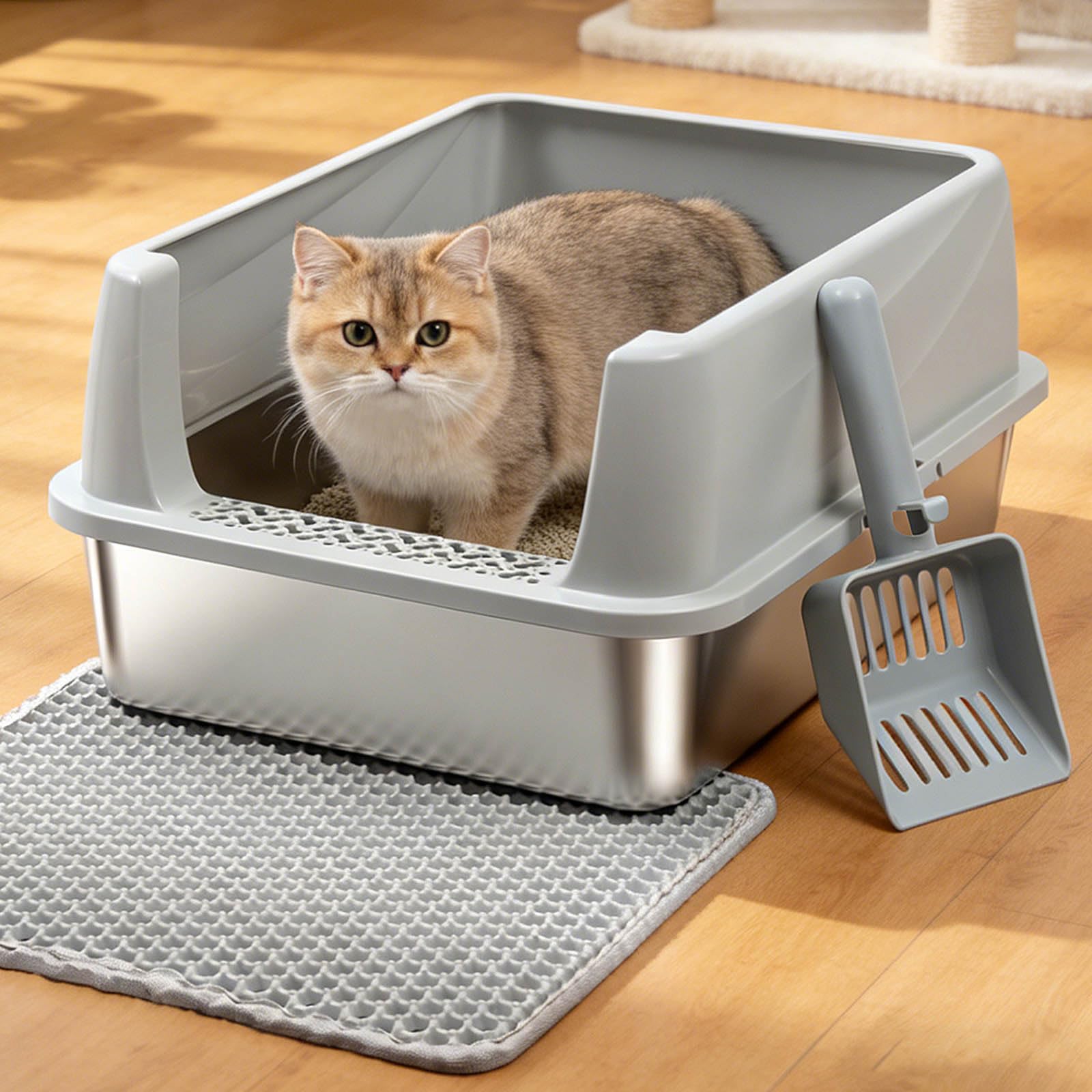 EGMEHOAD M Stainless Steel Cat Litter Box with Lid,Metal Litter Box High Sides for Kitty/Small Cats,Open Design,Indoor,1-Mat and 1-Scoop,Easy to Clean, No Odor,Anti-Urine Leakage