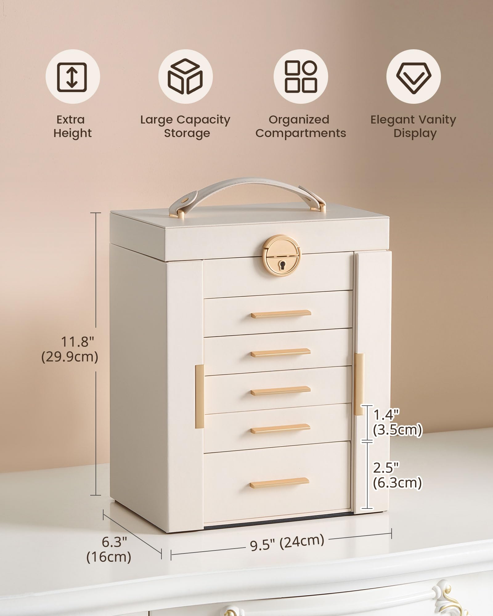 Lolalet Duży organizer na biżuterię dla kobiet, 6-warstwowy organizer na biżuterię i etui do przechowywania z lustrem i 5 szufladami, zamykany pierścień do zegarka, kolczyki, bransoletka, naszyjnik