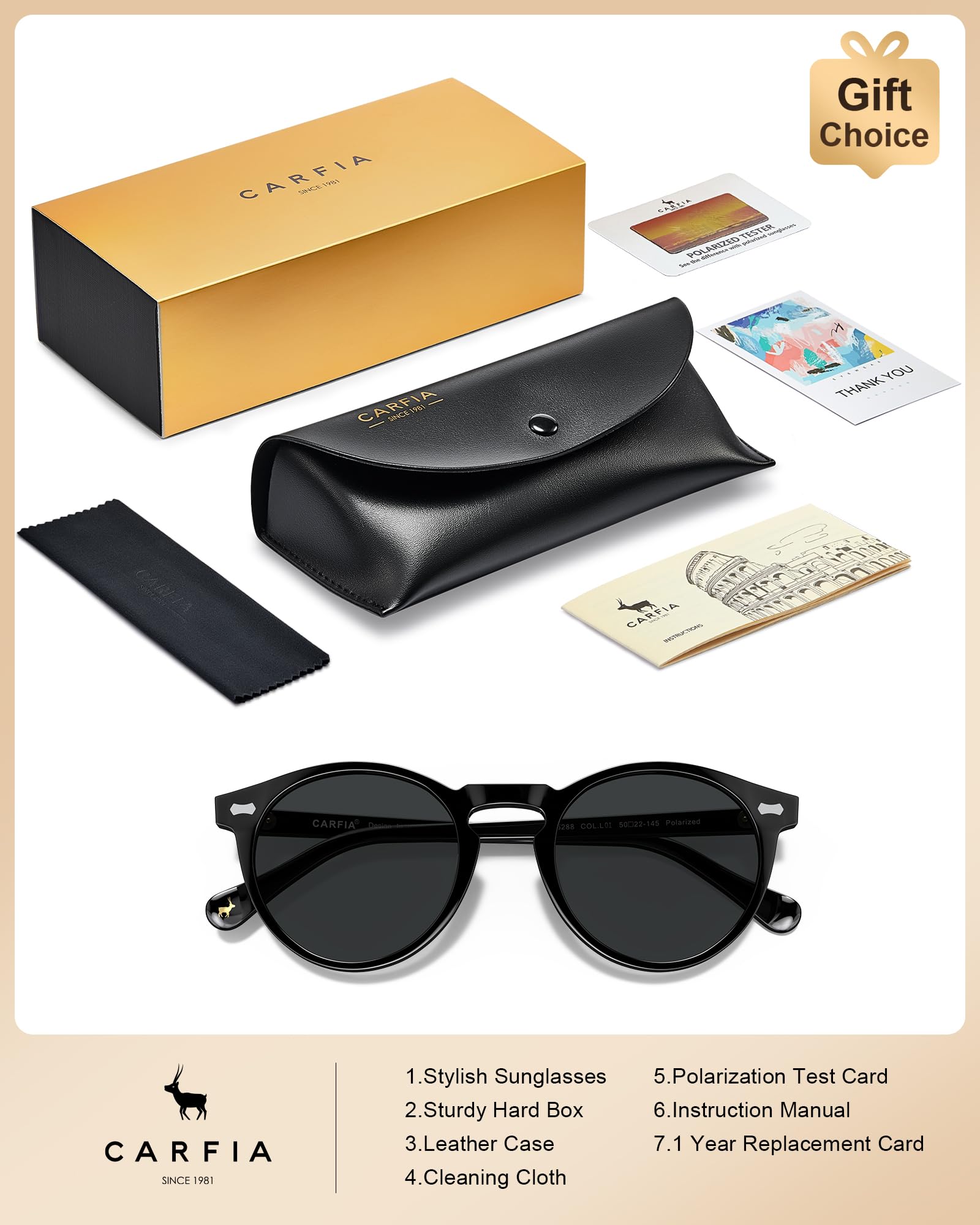 CARFIA Polarisierte Sonnenbrille Herren Männer Fahrenbrille Runden Rahmen mit Lederetui