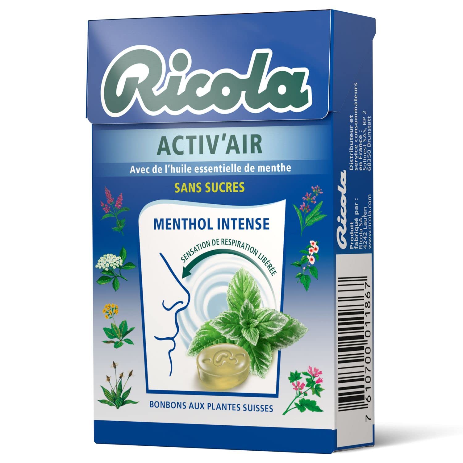 Ricola - Caramelos con plantas suizas – Aroma Activ'Air Mentol Intense – Sin azúcar – 20 paquetes de 50 g