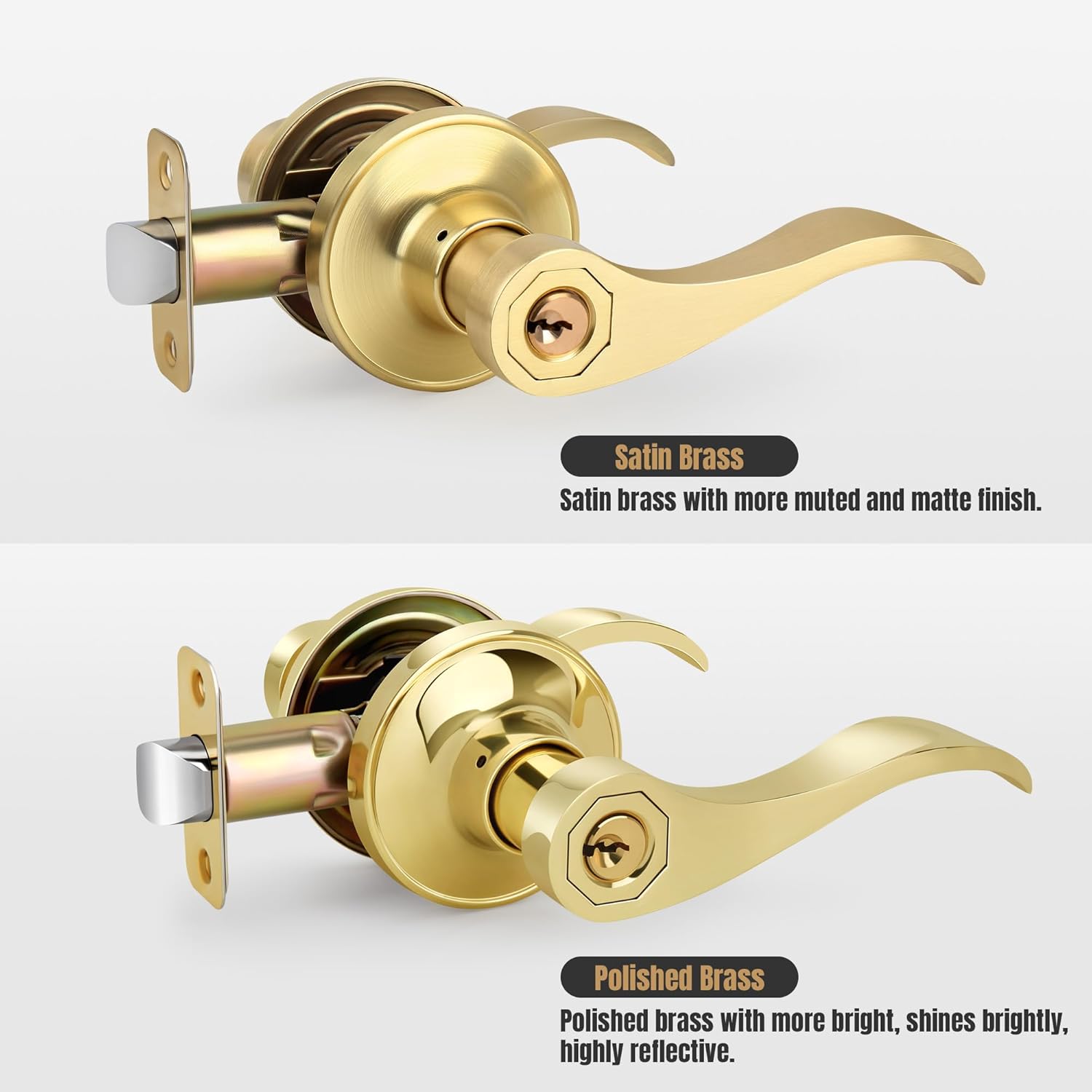 3 Pack Gold Door Handles Interior Wave Style， Keyed Entry Polished Brass Door Handles with Key and Lock, Reversible Door Lever for Bedroom、Bathroom、Closet, Satin Brass
