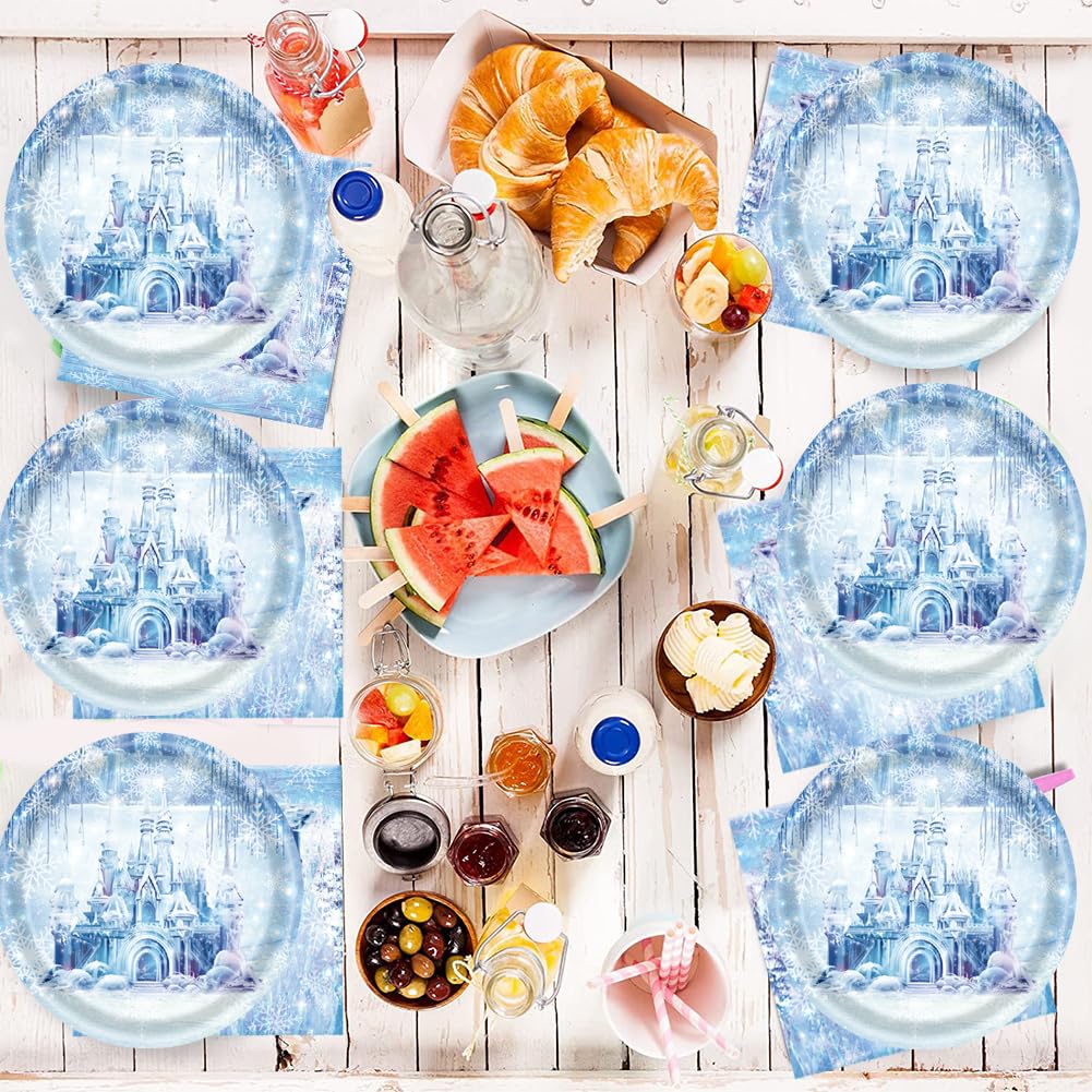 Doyomtoy 61 Piece Ice Castle Party Tableware Set Con Vasos, Servilletas, Platos Y Manteles Para Fiestas De Cumpleaños, Navidad, Bodas Para 20 Invitados