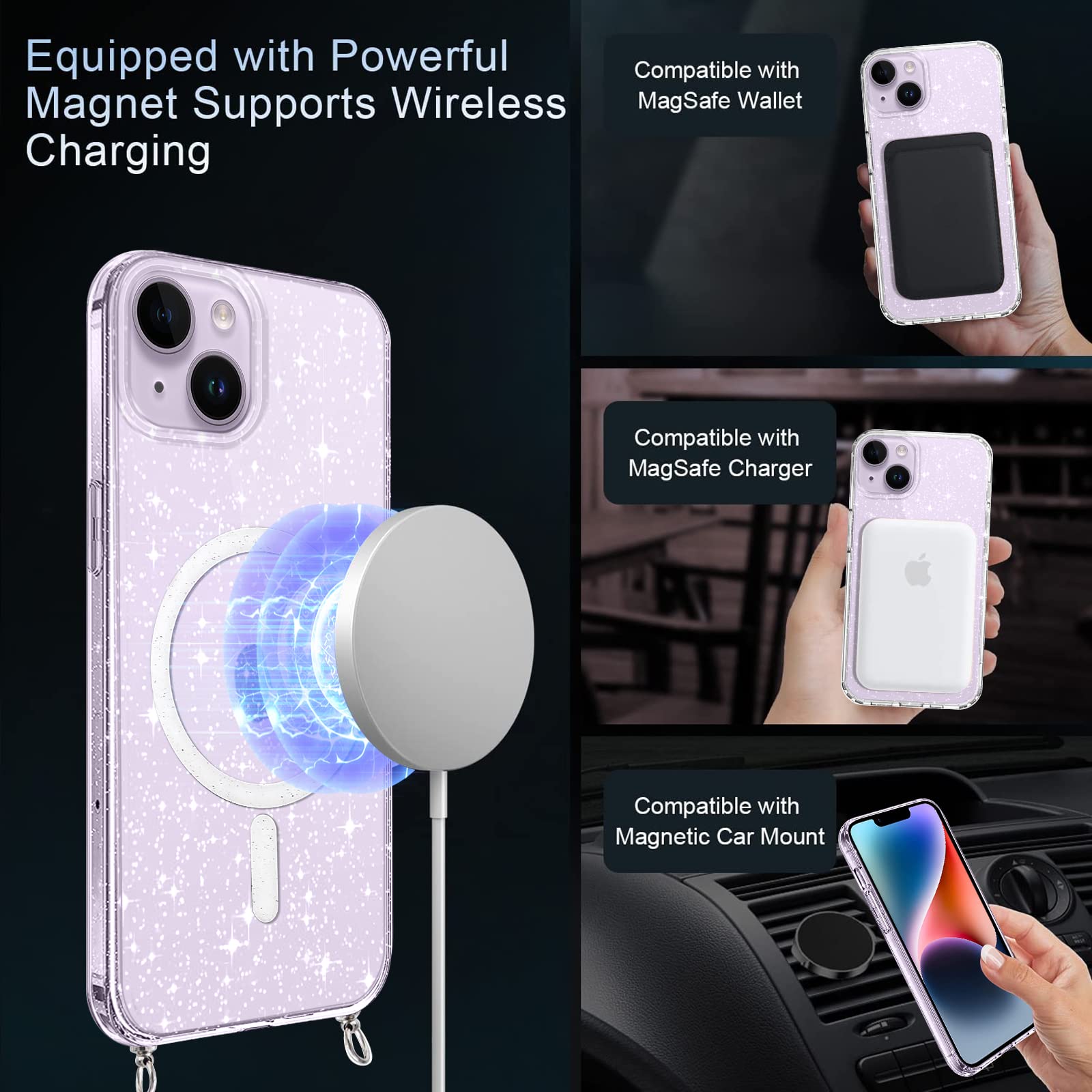 Yoedge Telefoonhoes Voor IPhone 14 Pro 6.1 Inch - Magnetisch MagSafe Met Koord - Slank Silicone TPU Schokbestendig (Zwart)