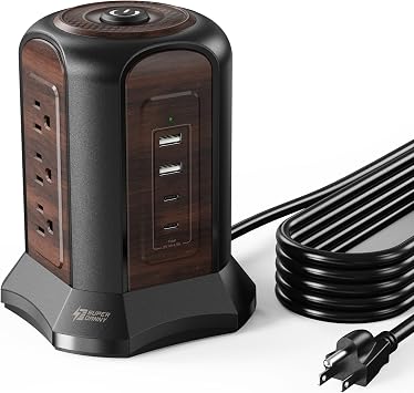SUPERDANNY Power Strip Tower Surge Protector، سلك تمديد 10 قدم مع منافذ متعددة، 9 منافذ، 4 منافذ USB 2 USB C، 1080 جول، 3-Prong، مؤرض، محطة شحن سطح المكتب للمنزل، المكتب