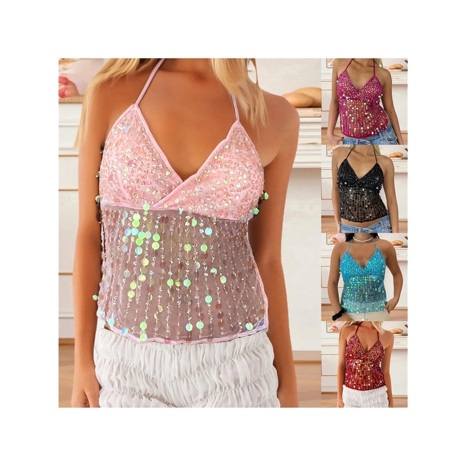 Top con Paillettes Top Corto Estivo da Donna in Tinta Unita con Scollo all'Americana, Senza Maniche, Scollo a V, Schiena Scoperta, vestibilità Attillata, con Paillettes e Lacci.
