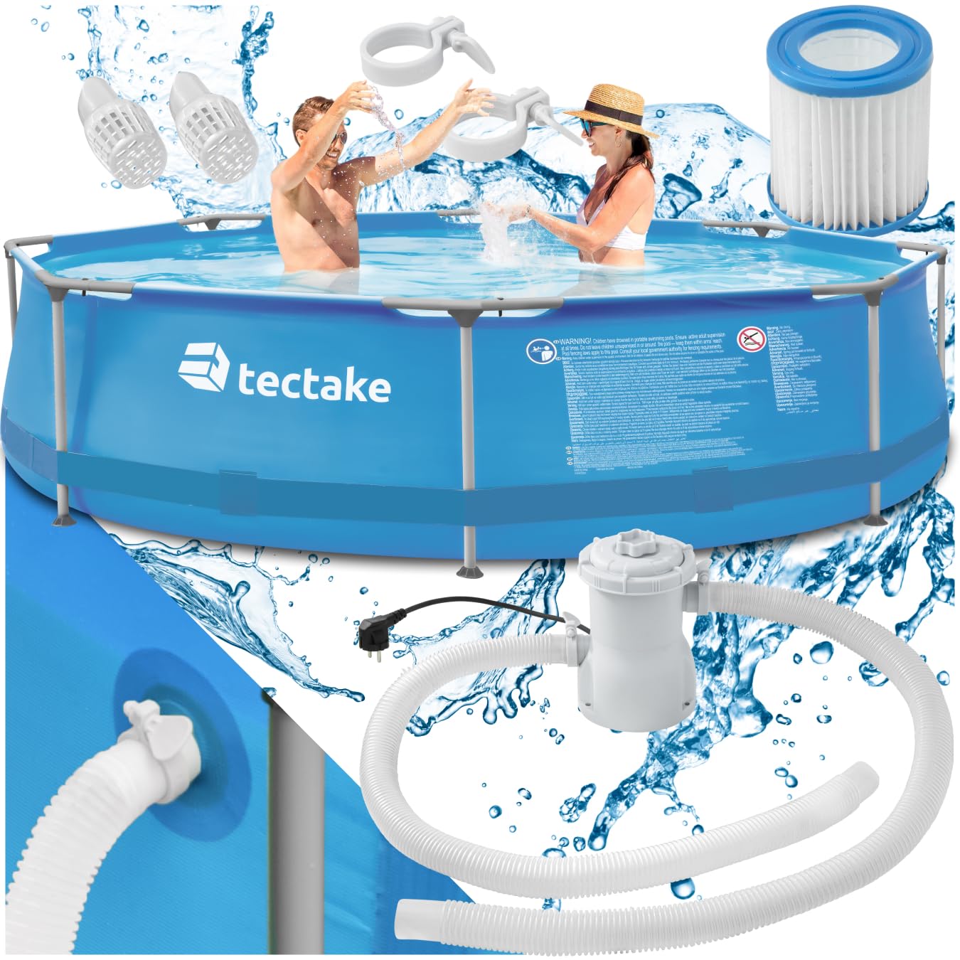 tectake® Piscina Redonda Desmontable, Estructura Acero, Piscina con Depuradora, Resistente al Exterior, Piscina Grande Incluye Depuradora, Fácil Montaje, Ideal para Jardín, 300cm - Azul