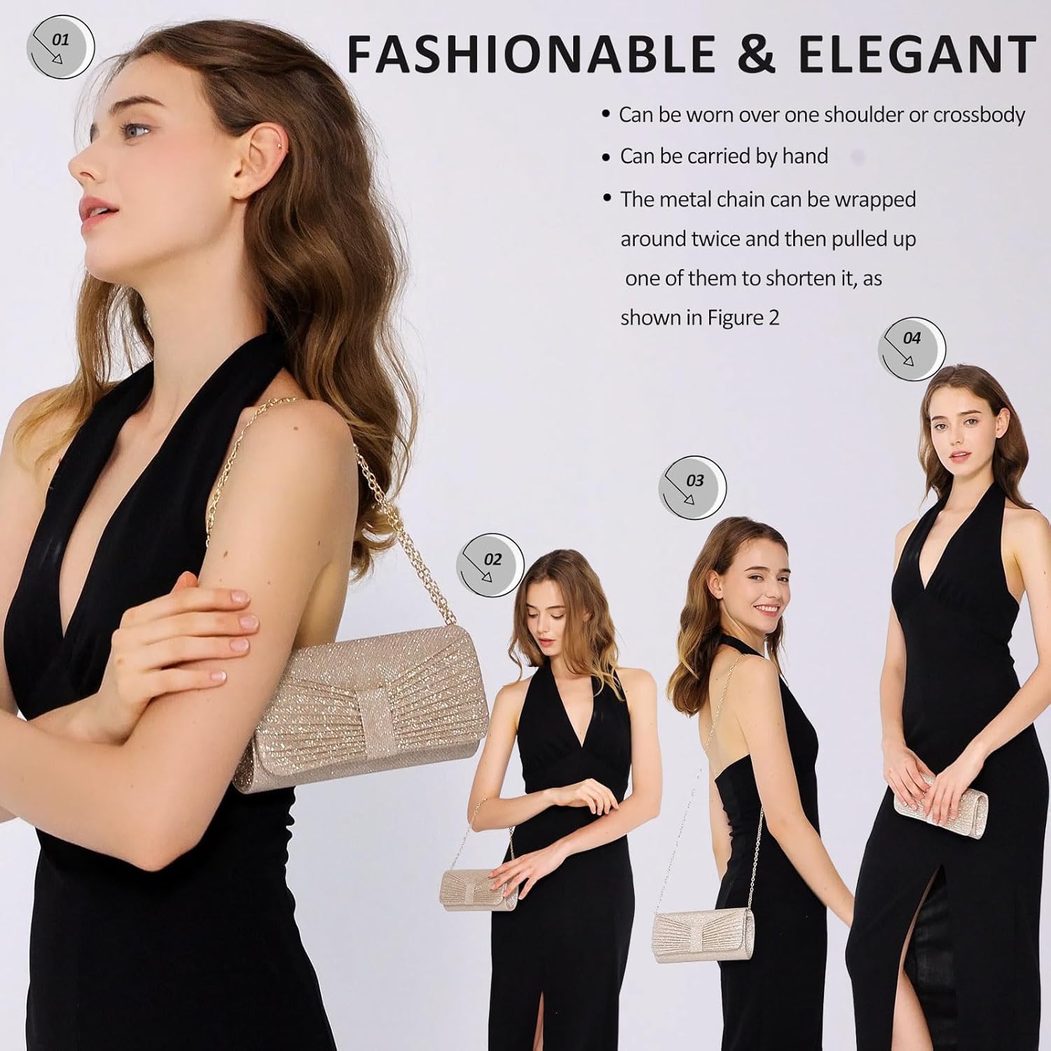 Evening Bag Clutch Purses for Women Wedding Bag Sparkling Party Handbag with Detachable Chain Gold image 5 of 6 B0FF4RNSPH