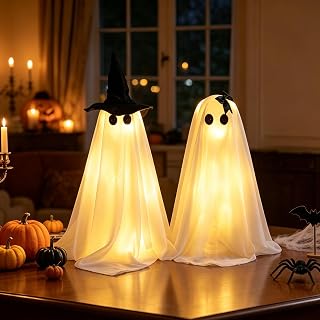 2-Pack Halloween Light Up Ghost Decor, 21.6'' & 16'' Adjustable Spooky Boy & Girl Ghosts, Cute Ghost Decorations & Witch Fusion Design for Mantel, Table, Fireplace, Party & Indoor Home Decor